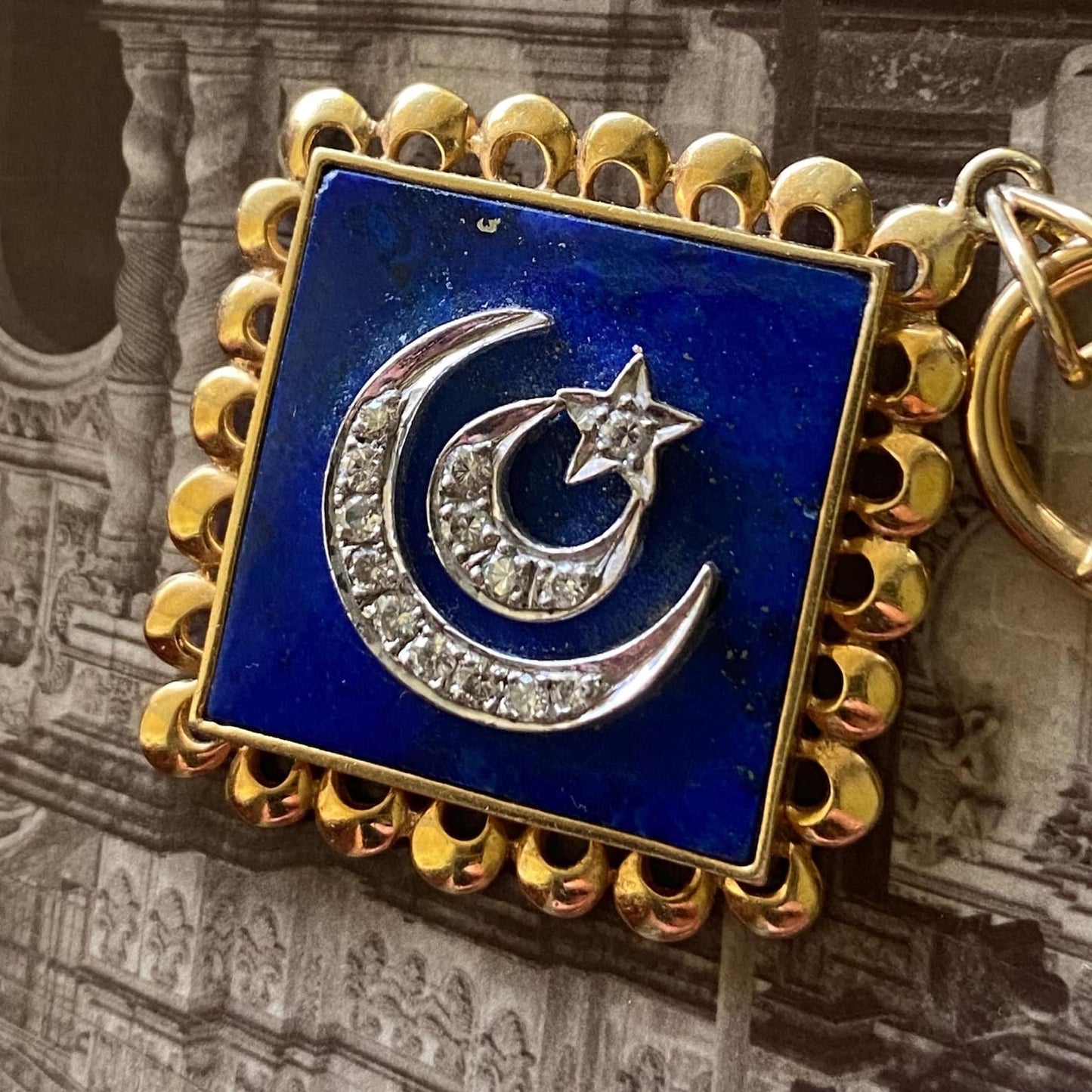 Vintage Lapis Lazuli Pendant with Double Crescent & Single Star Motif in Silver and Diamonds with 18k Gold Scalloped Border c. 1970, Celestial