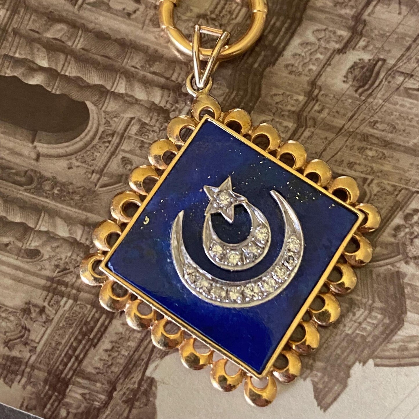 Vintage Lapis Lazuli Pendant with Double Crescent & Single Star Motif in Silver and Diamonds with 18k Gold Scalloped Border c. 1970, Celestial