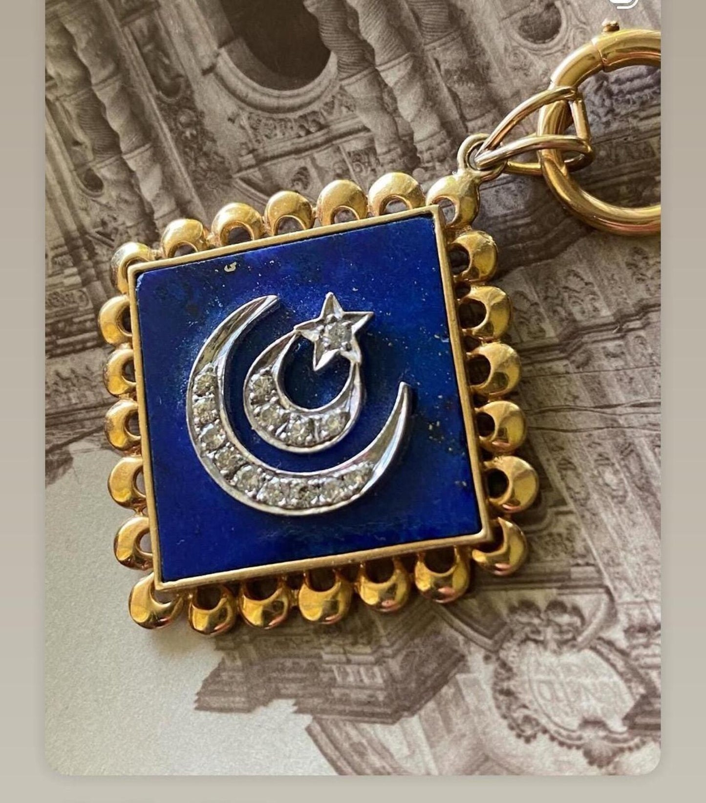 Vintage Lapis Lazuli Pendant with Double Crescent & Single Star Motif in Silver and Diamonds with 18k Gold Scalloped Border c. 1970, Celestial