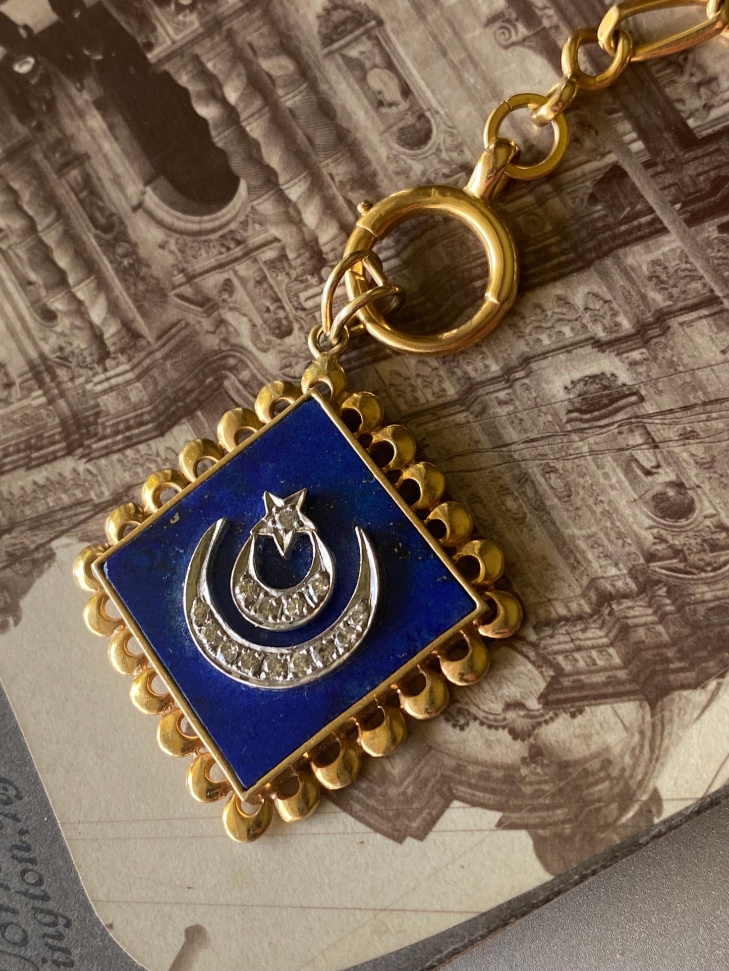 Vintage Lapis Lazuli Pendant with Double Crescent & Single Star Motif in Silver and Diamonds with 18k Gold Scalloped Border c. 1970, Celestial