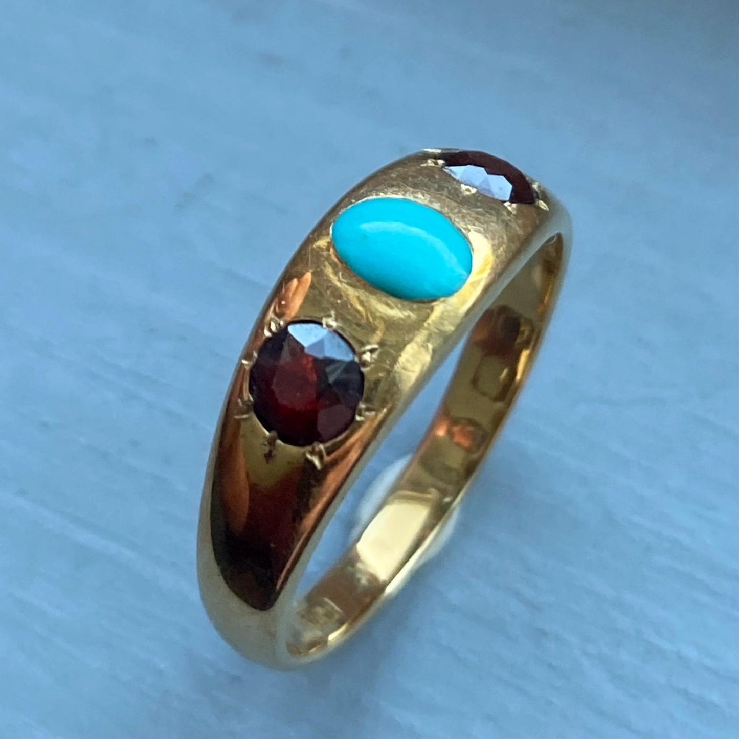 Antique Victorian Wide Flush Set Turquoise and Garnet Starburst Trio Ring in 18k Gold with Hallmarks, Gypsy, Stacker, Stacking, Bezel, Band