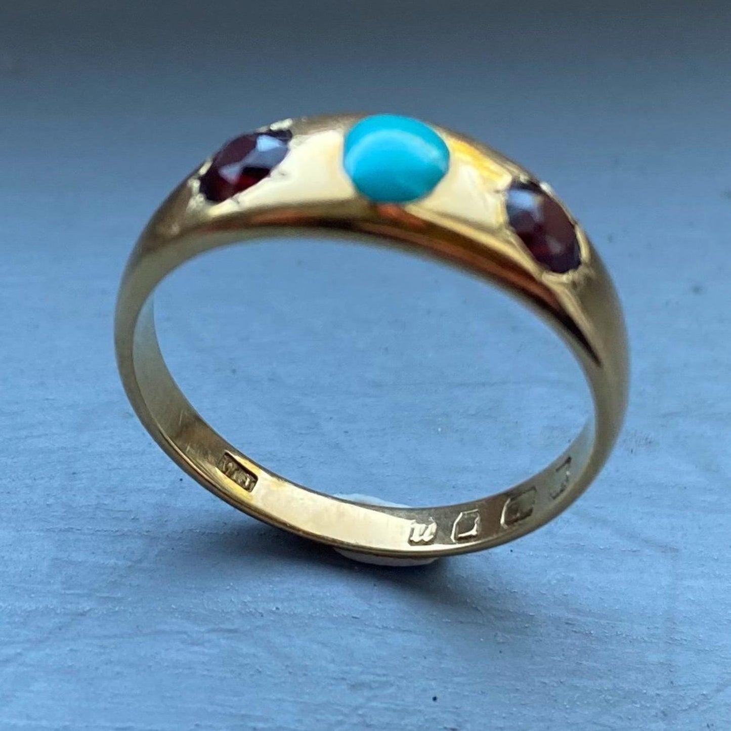 Antique Victorian Wide Flush Set Turquoise and Garnet Starburst Trio Ring in 18k Gold with Hallmarks, Gypsy, Stacker, Stacking, Bezel, Band