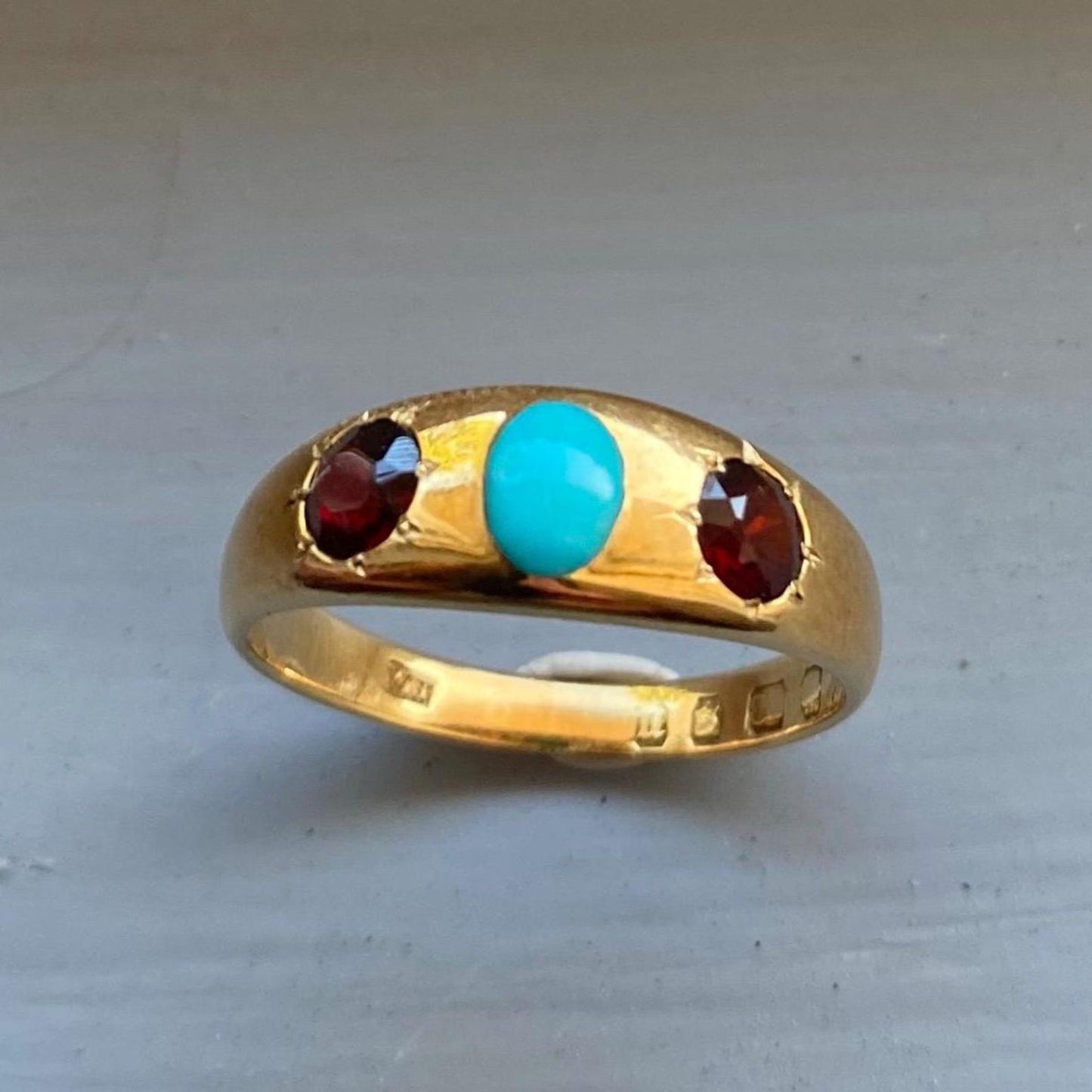 Antique Victorian Wide Flush Set Turquoise and Garnet Starburst Trio Ring in 18k Gold with Hallmarks, Gypsy, Stacker, Stacking, Bezel, Band