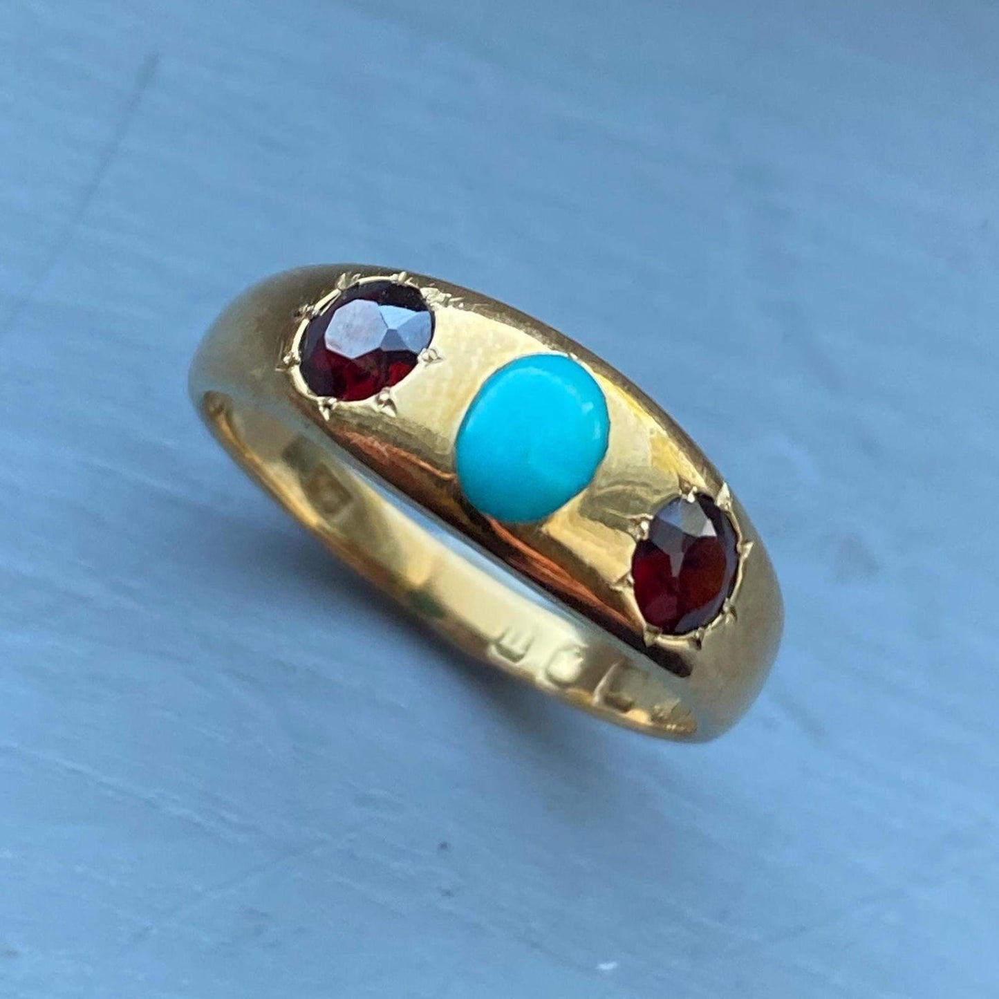 Antique Victorian Wide Flush Set Turquoise and Garnet Starburst Trio Ring in 18k Gold with Hallmarks, Gypsy, Stacker, Stacking, Bezel, Band