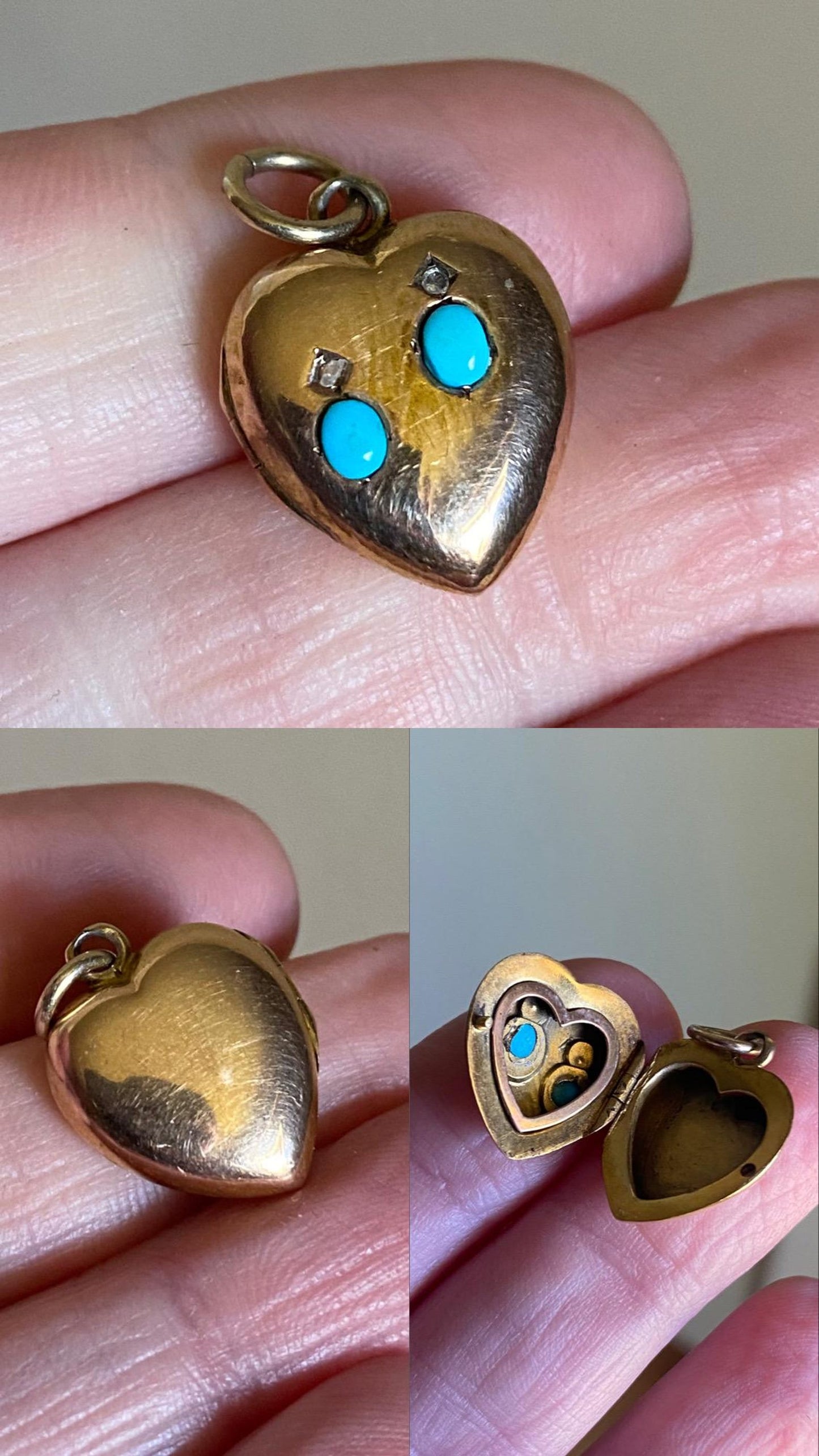 Antique Victorian Petite Puffy Heart Locket with Duo of Diamonds & Duo of Turquoise Cabochons in Peachy Rose Gold, Pendant, Charm, 1800's