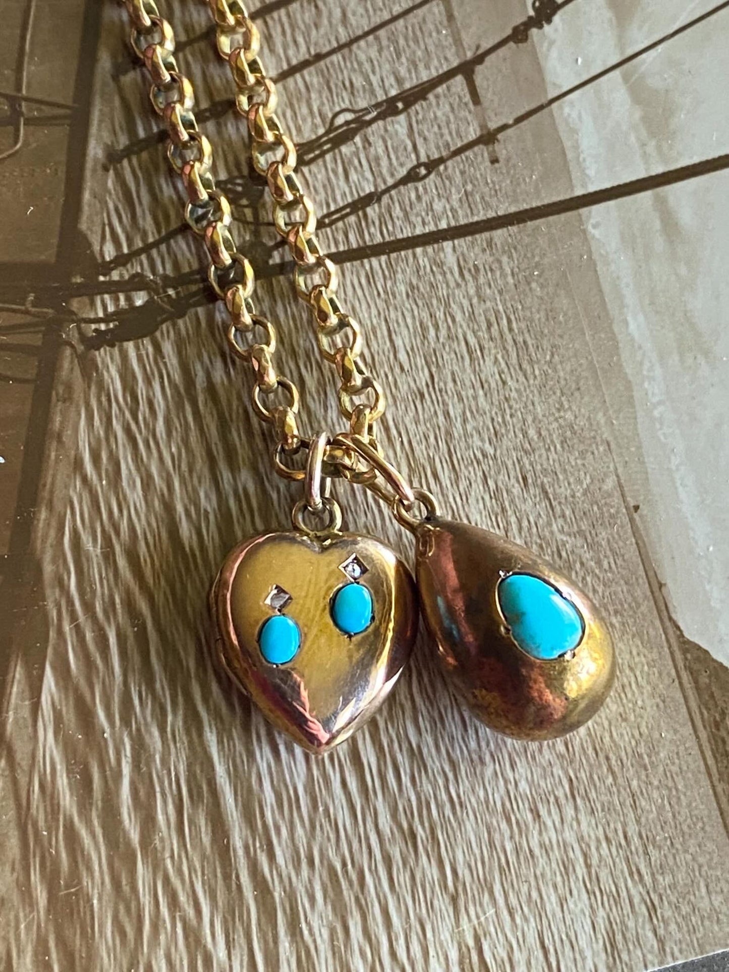 Antique Victorian Petite Puffy Heart Locket with Duo of Diamonds & Duo of Turquoise Cabochons in Peachy Rose Gold, Pendant, Charm, 1800's