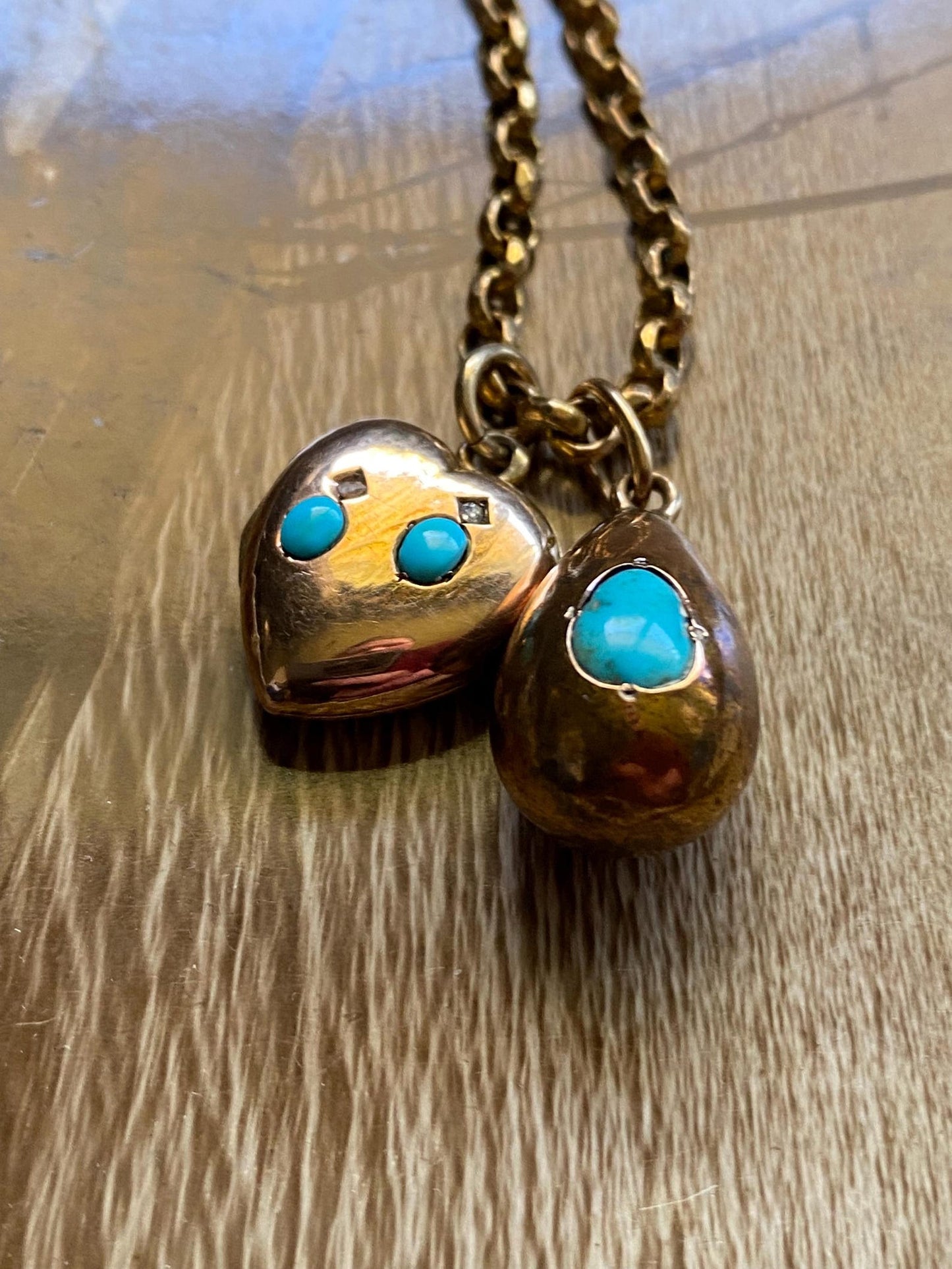 Antique Victorian Petite Puffy Heart Locket with Duo of Diamonds & Duo of Turquoise Cabochons in Peachy Rose Gold, Pendant, Charm, 1800's