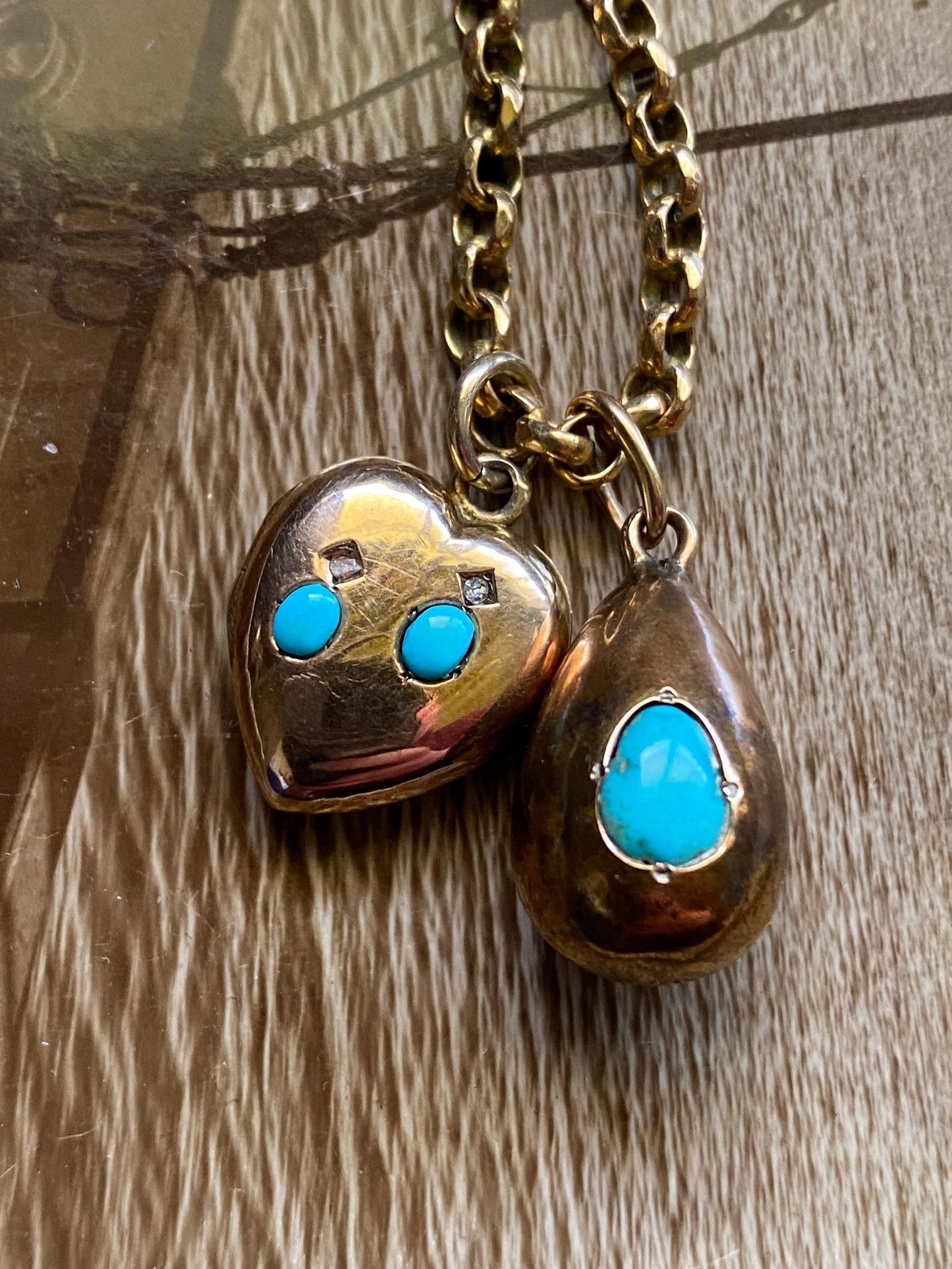 Antique Victorian Petite Puffy Heart Locket with Duo of Diamonds & Duo of Turquoise Cabochons in Peachy Rose Gold, Pendant, Charm, 1800's