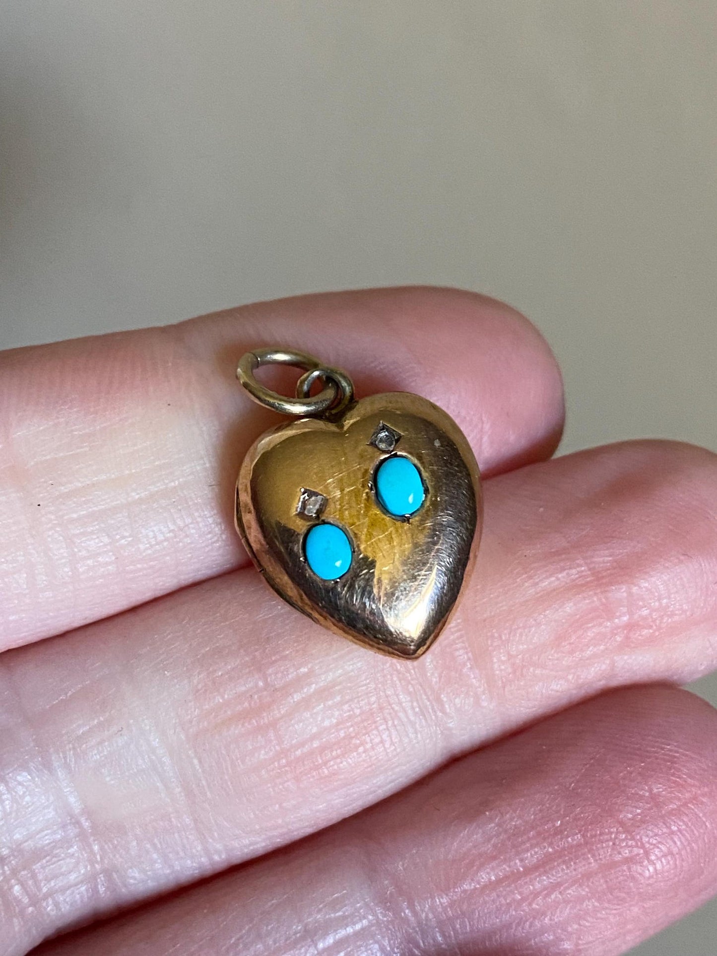 Antique Victorian Petite Puffy Heart Locket with Duo of Diamonds & Duo of Turquoise Cabochons in Peachy Rose Gold, Pendant, Charm, 1800's