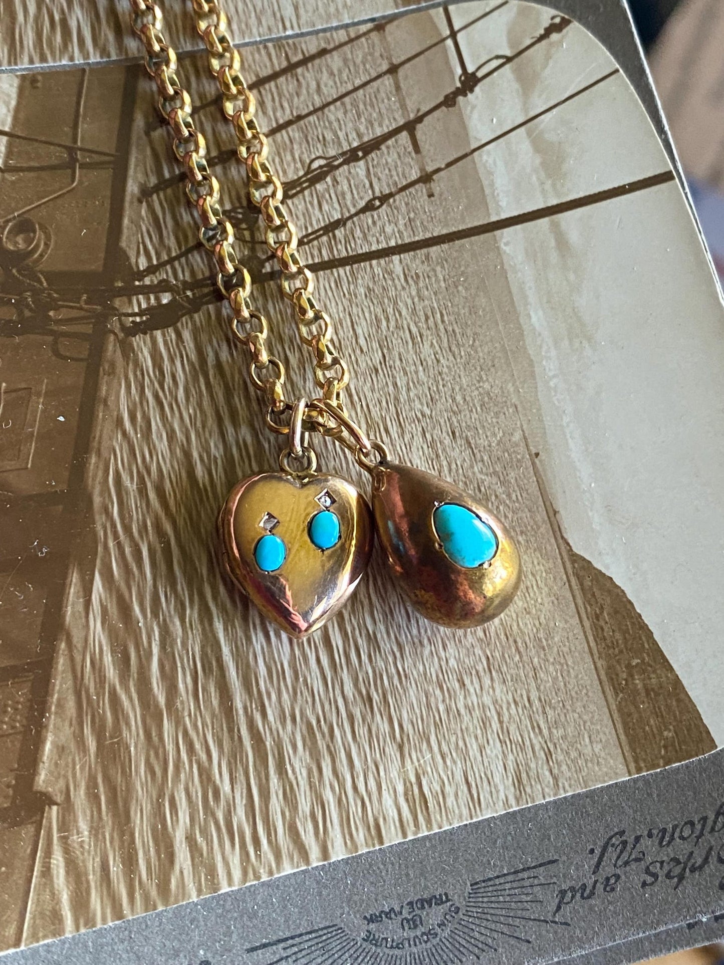 Antique Victorian Petite Puffy Heart Locket with Duo of Diamonds & Duo of Turquoise Cabochons in Peachy Rose Gold, Pendant, Charm, 1800's