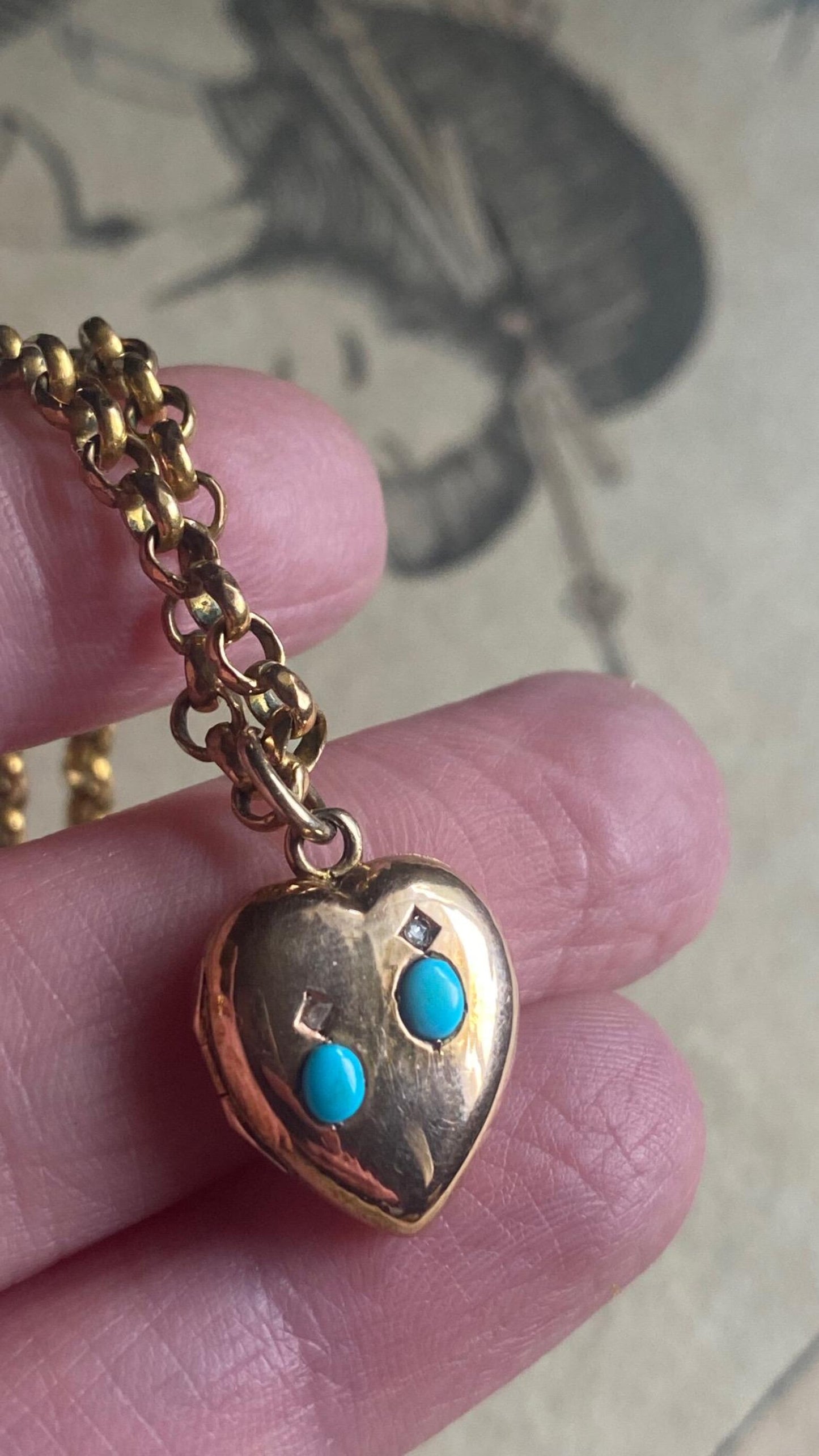Antique Victorian Petite Puffy Heart Locket with Duo of Diamonds & Duo of Turquoise Cabochons in Peachy Rose Gold, Pendant, Charm, 1800's