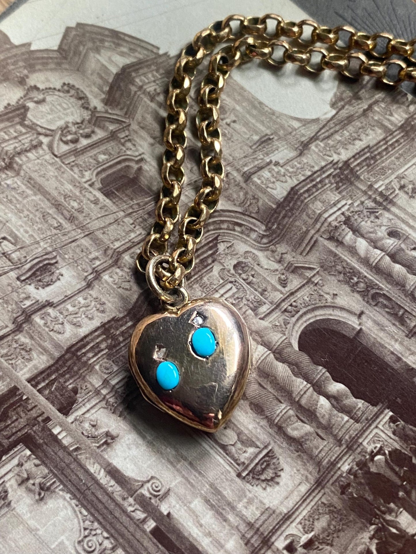 Antique Victorian Petite Puffy Heart Locket with Duo of Diamonds & Duo of Turquoise Cabochons in Peachy Rose Gold, Pendant, Charm, 1800's