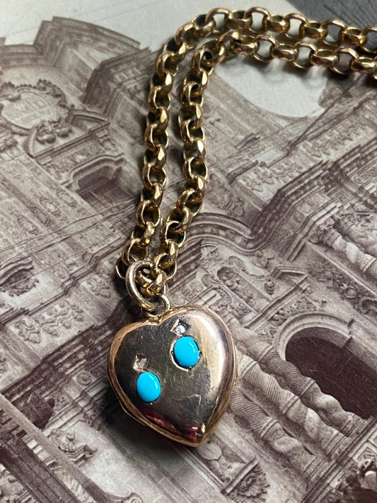 Antique Victorian Petite Puffy Heart Locket with Duo of Diamonds & Duo of Turquoise Cabochons in Peachy Rose Gold, Pendant, Charm, 1800's