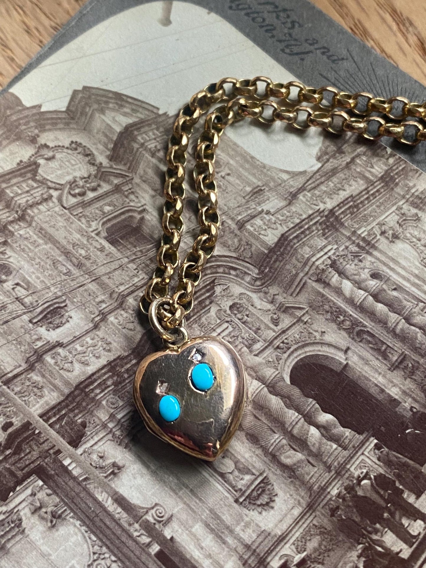 Antique Victorian Petite Puffy Heart Locket with Duo of Diamonds & Duo of Turquoise Cabochons in Peachy Rose Gold, Pendant, Charm, 1800's