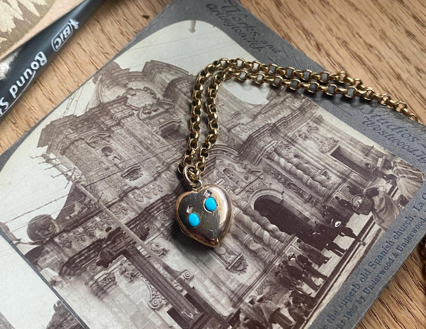 Antique Victorian Petite Puffy Heart Locket with Duo of Diamonds & Duo of Turquoise Cabochons in Peachy Rose Gold, Pendant, Charm, 1800's