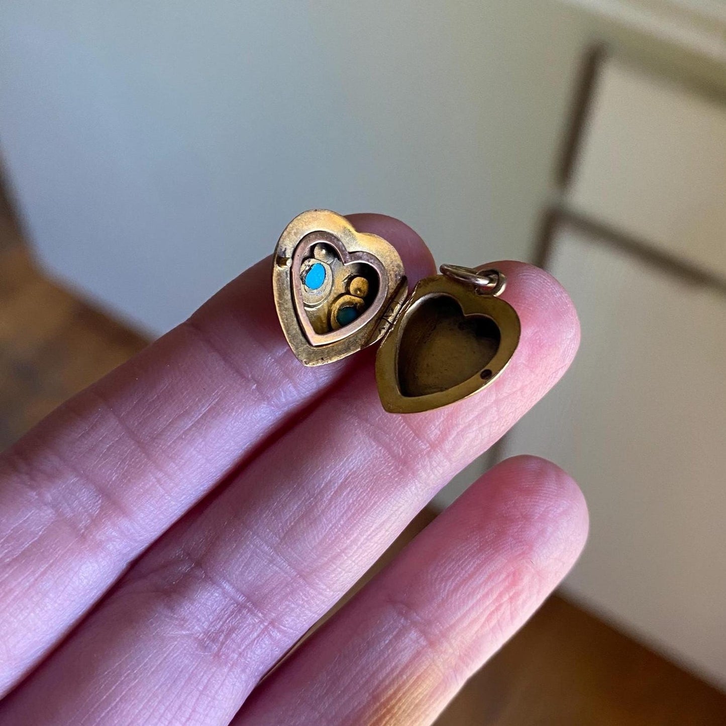 Antique Victorian Petite Puffy Heart Locket with Duo of Diamonds & Duo of Turquoise Cabochons in Peachy Rose Gold, Pendant, Charm, 1800's
