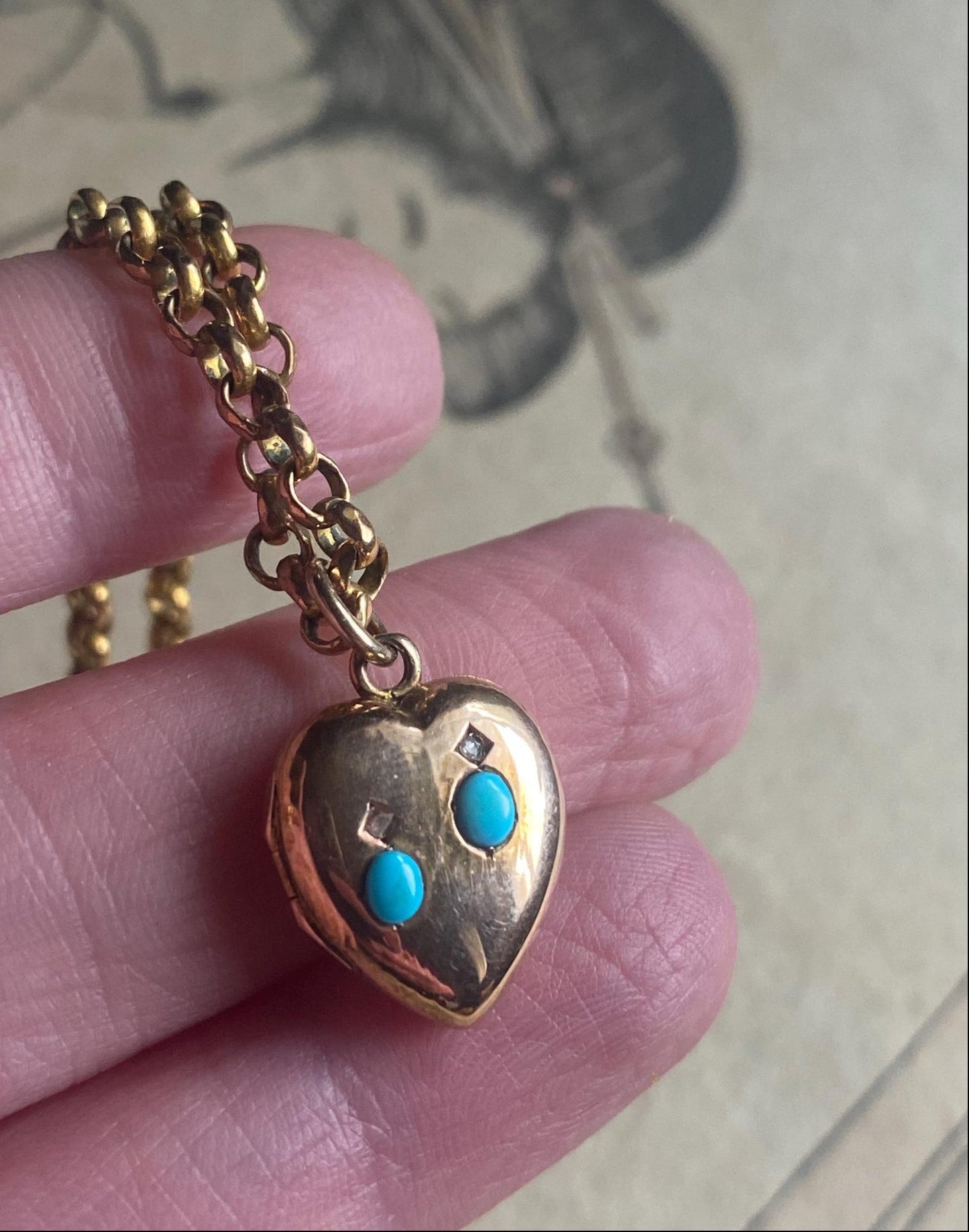 Antique Victorian Petite Puffy Heart Locket with Duo of Diamonds & Duo of Turquoise Cabochons in Peachy Rose Gold, Pendant, Charm, 1800's