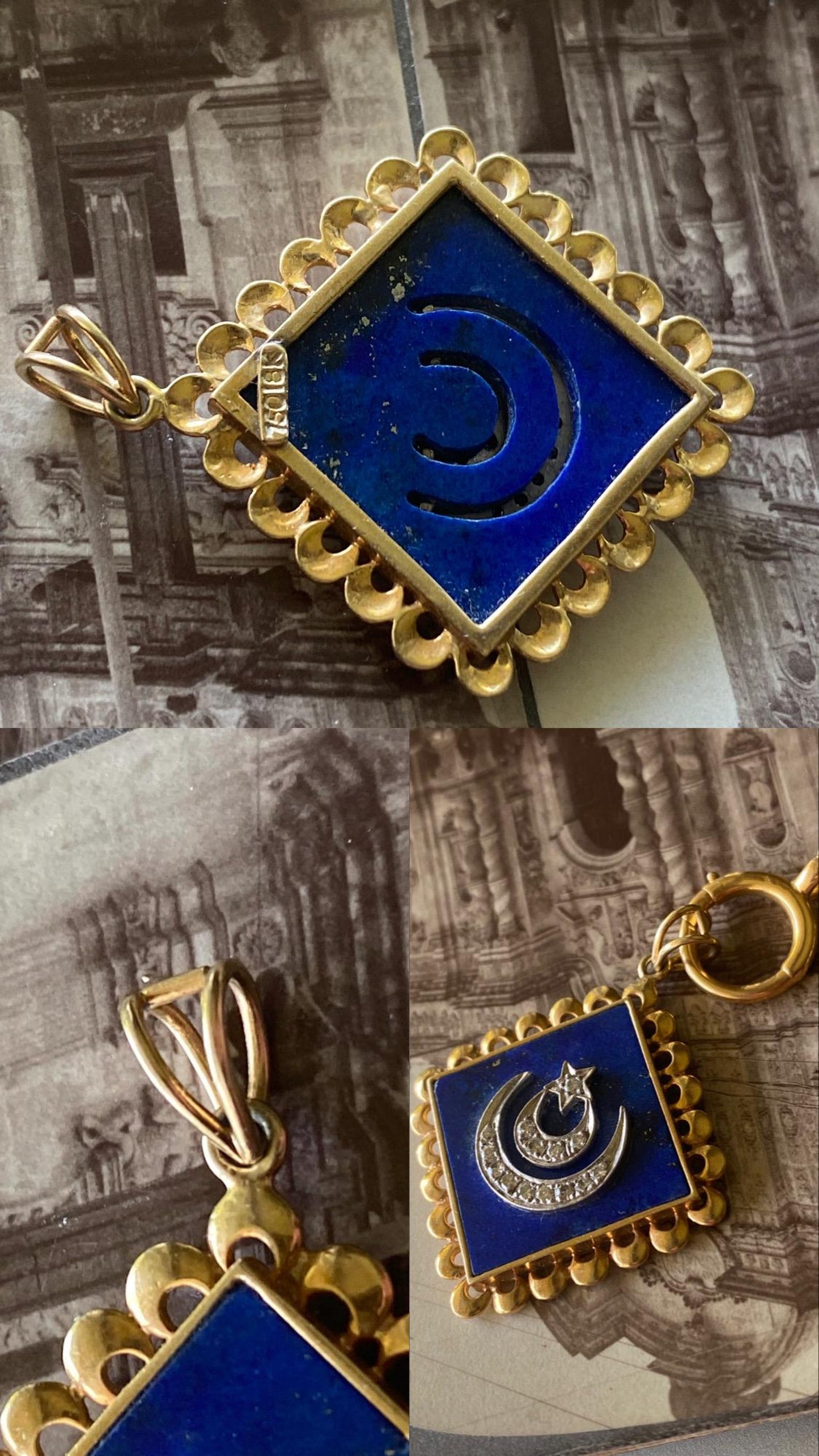 Vintage Lapis Lazuli Pendant with Double Crescent & Single Star Motif in Silver and Diamonds with 18k Gold Scalloped Border c. 1970, Celestial
