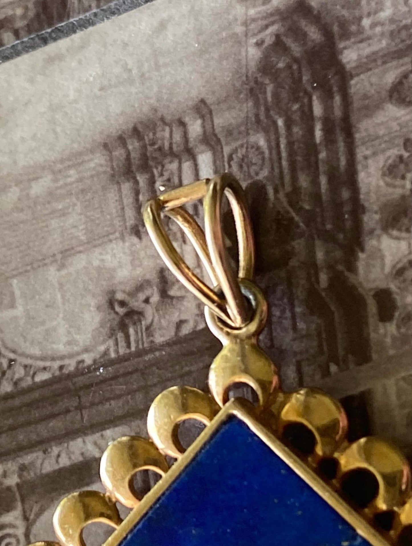 Vintage Lapis Lazuli Pendant with Double Crescent & Single Star Motif in Silver and Diamonds with 18k Gold Scalloped Border c. 1970, Celestial