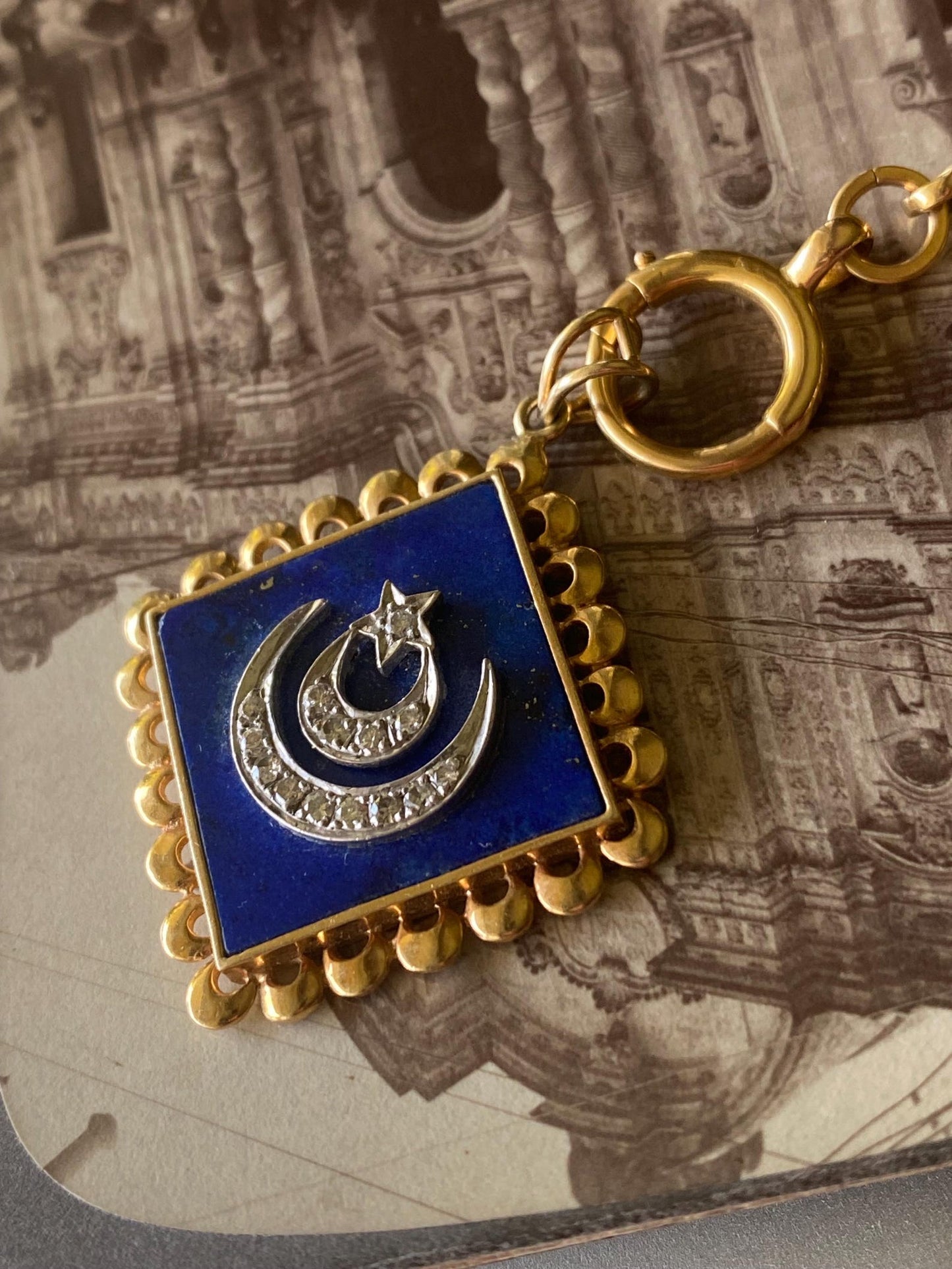 Vintage Lapis Lazuli Pendant with Double Crescent & Single Star Motif in Silver and Diamonds with 18k Gold Scalloped Border c. 1970, Celestial