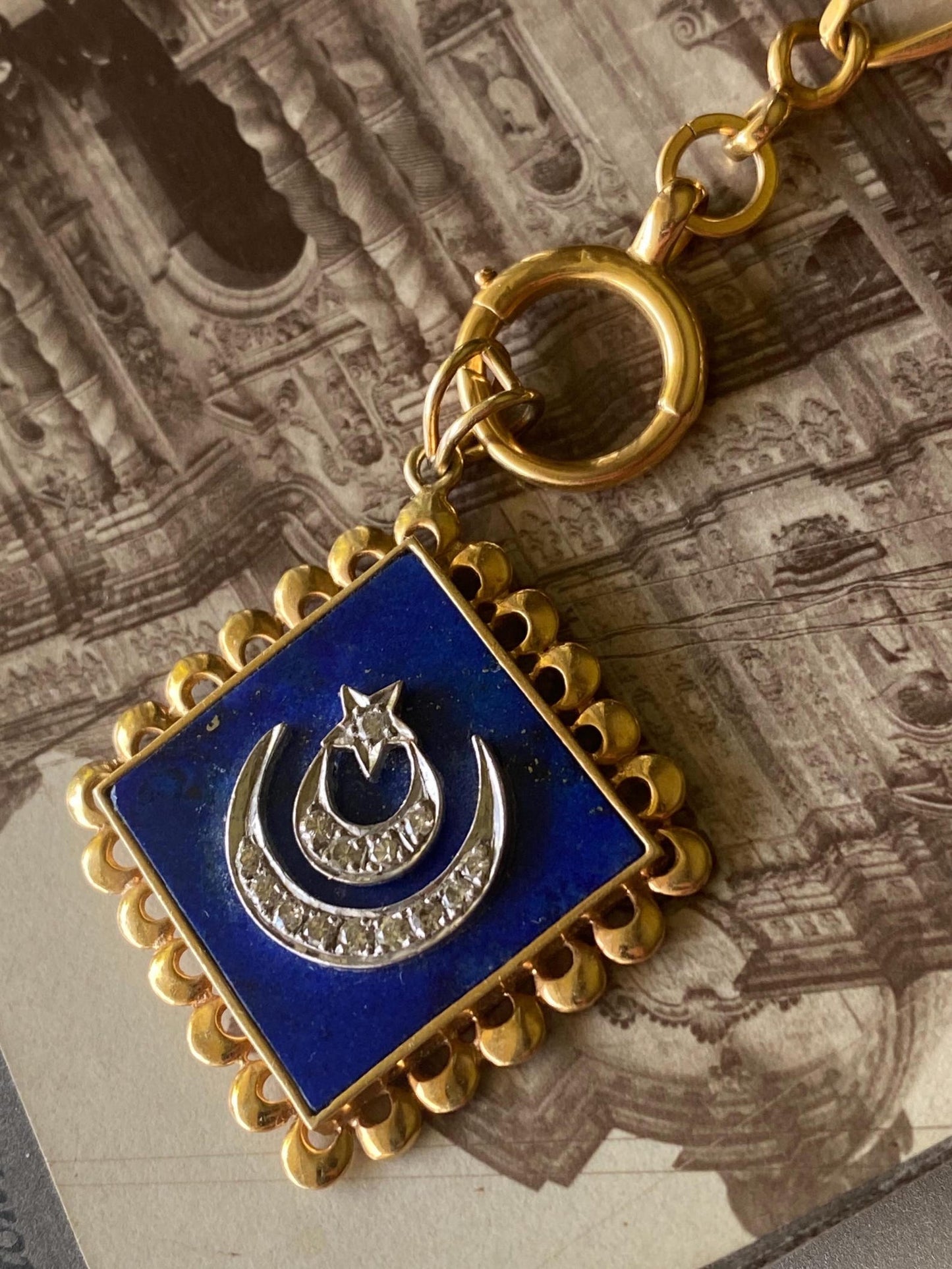 Vintage Lapis Lazuli Pendant with Double Crescent & Single Star Motif in Silver and Diamonds with 18k Gold Scalloped Border c. 1970, Celestial