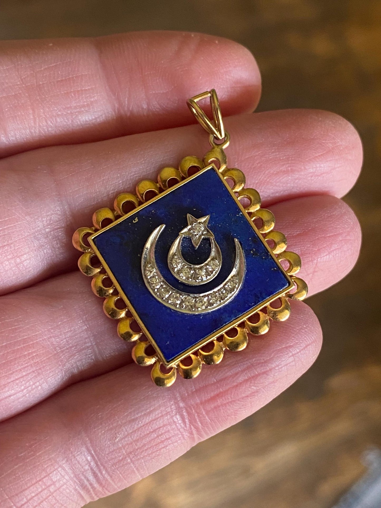 Vintage Lapis Lazuli Pendant with Double Crescent & Single Star Motif in Silver and Diamonds with 18k Gold Scalloped Border c. 1970, Celestial