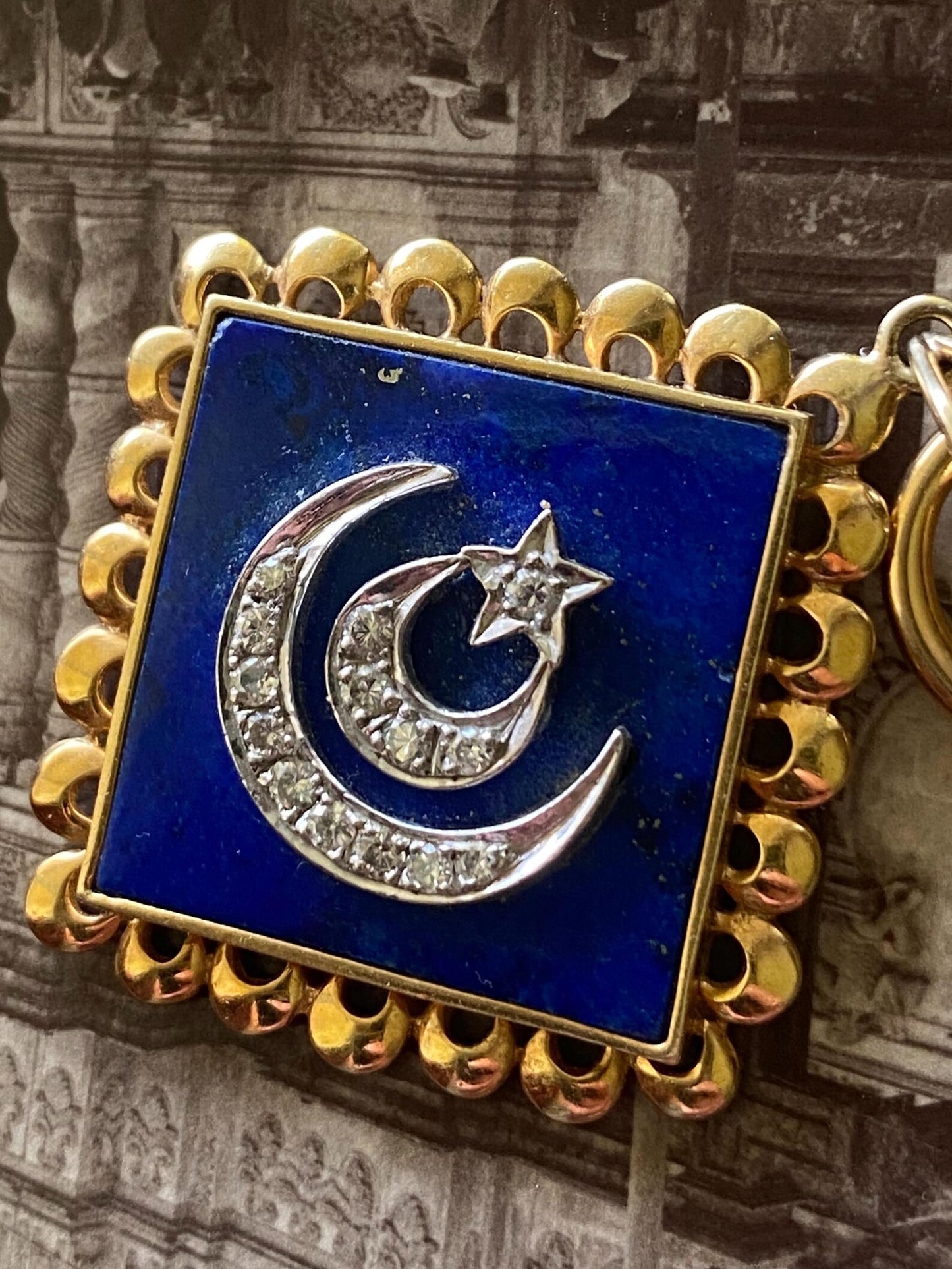 Vintage Lapis Lazuli Pendant with Double Crescent & Single Star Motif in Silver and Diamonds with 18k Gold Scalloped Border c. 1970, Celestial