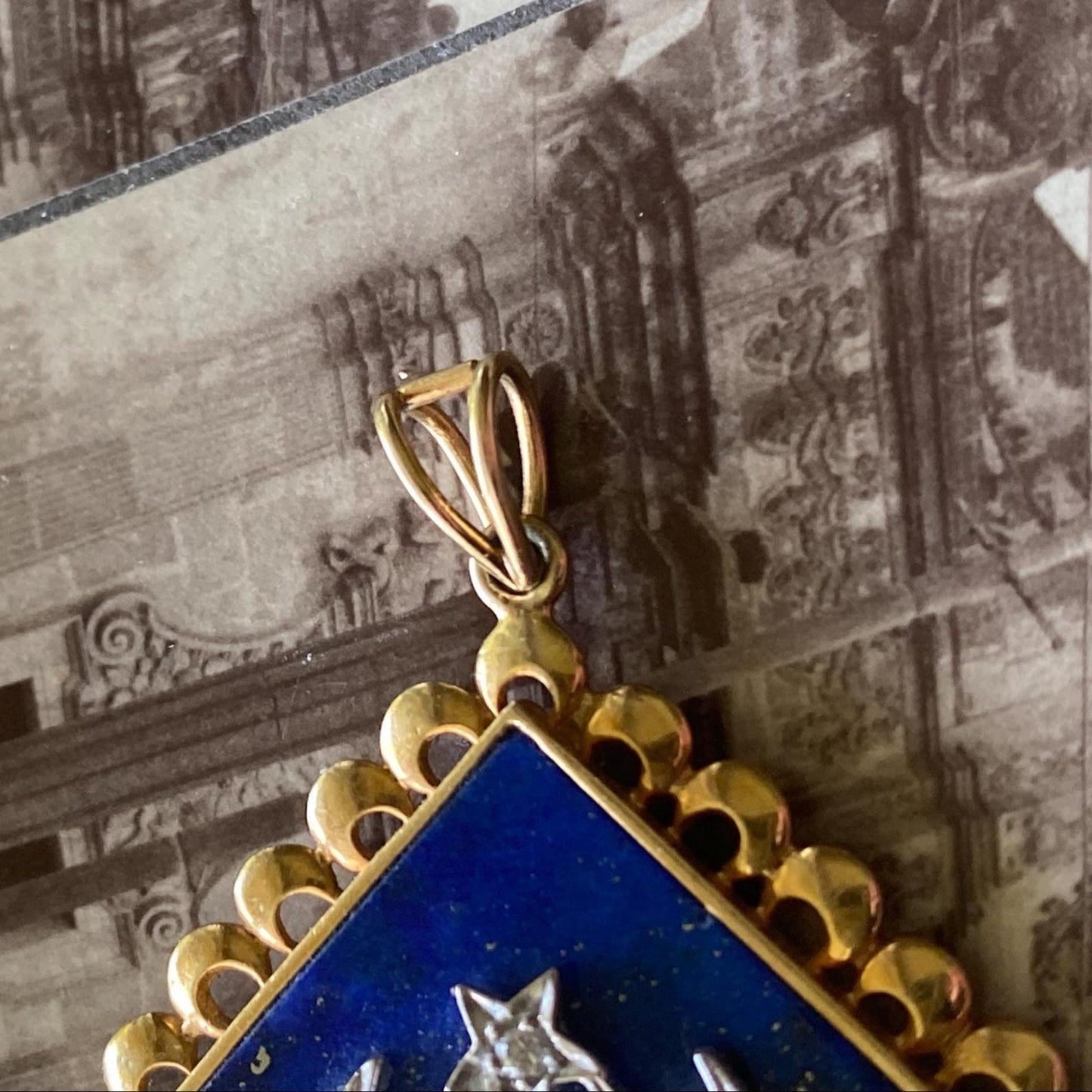 Vintage Lapis Lazuli Pendant with Double Crescent & Single Star Motif in Silver and Diamonds with 18k Gold Scalloped Border c. 1970, Celestial