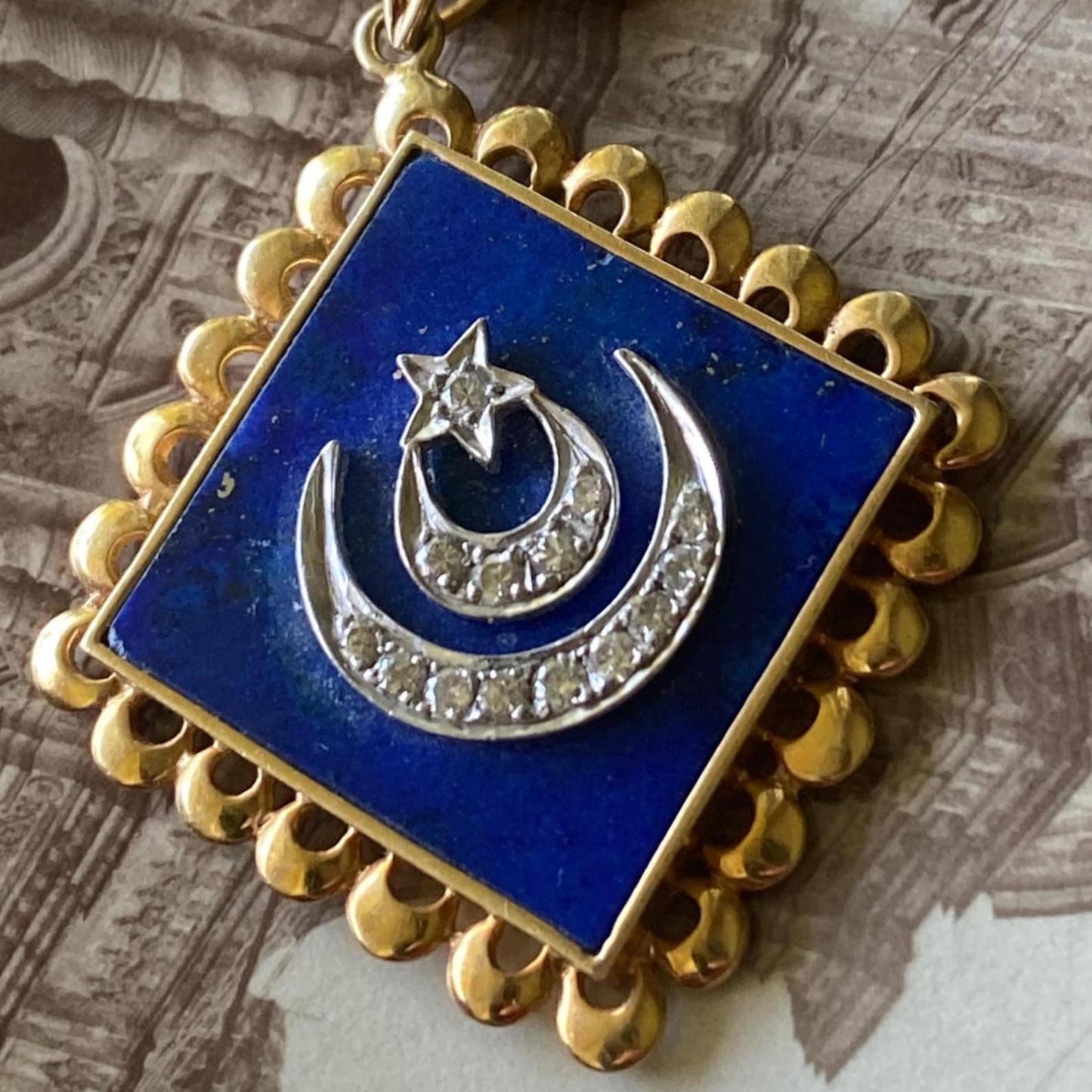 Vintage Lapis Lazuli Pendant with Double Crescent & Single Star Motif in Silver and Diamonds with 18k Gold Scalloped Border c. 1970, Celestial