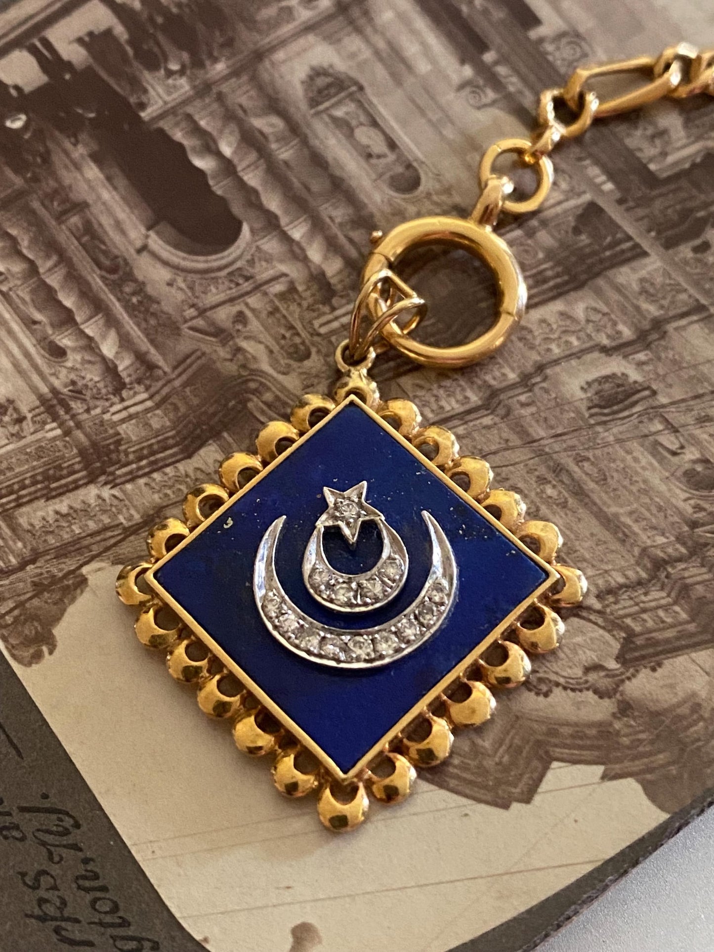 Vintage Lapis Lazuli Pendant with Double Crescent & Single Star Motif in Silver and Diamonds with 18k Gold Scalloped Border c. 1970, Celestial