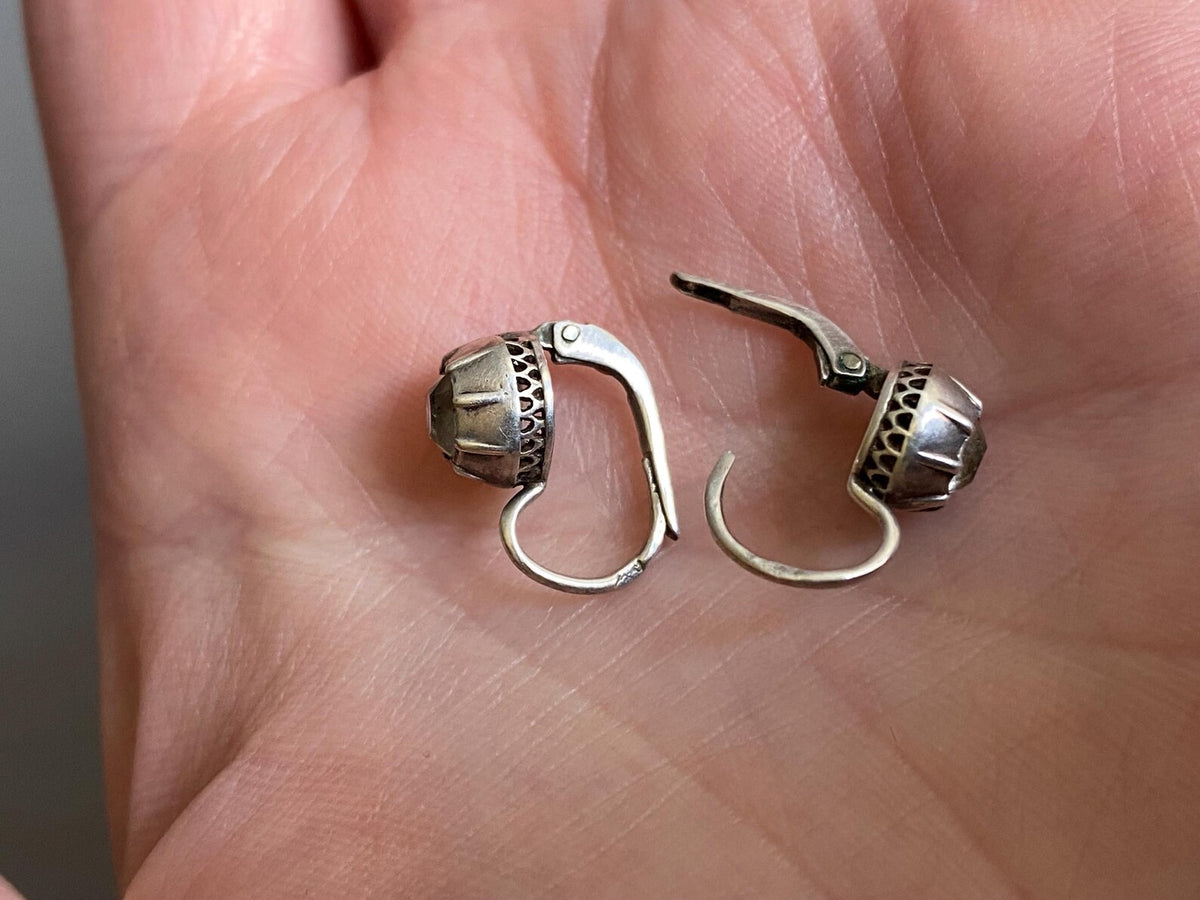 Antique Victorian Collet Set Diamond Paste Dormeuse Sleeper Hoop Earrings in Silver, Huggie, Huggy, Drop, Dangle, Front Close, 19th Century