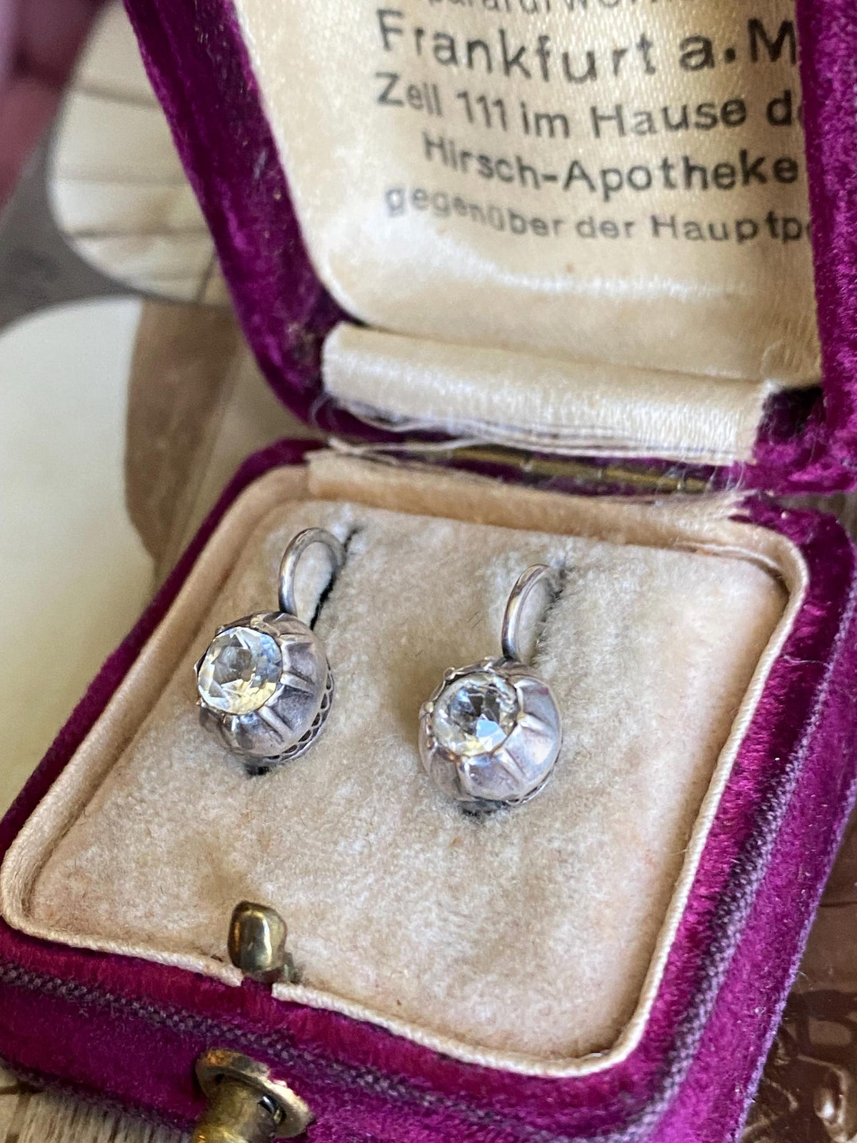 Antique Victorian Collet Set Diamond Paste Dormeuse Sleeper Hoop Earrings in Silver, Huggie, Huggy, Drop, Dangle, Front Close, 19th Century