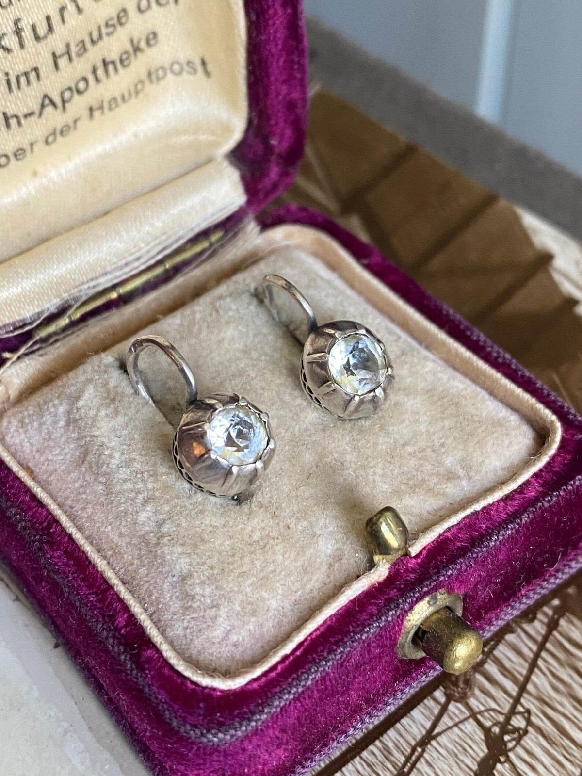 Antique Victorian Collet Set Diamond Paste Dormeuse Sleeper Hoop Earrings in Silver, Huggie, Huggy, Drop, Dangle, Front Close, 19th Century