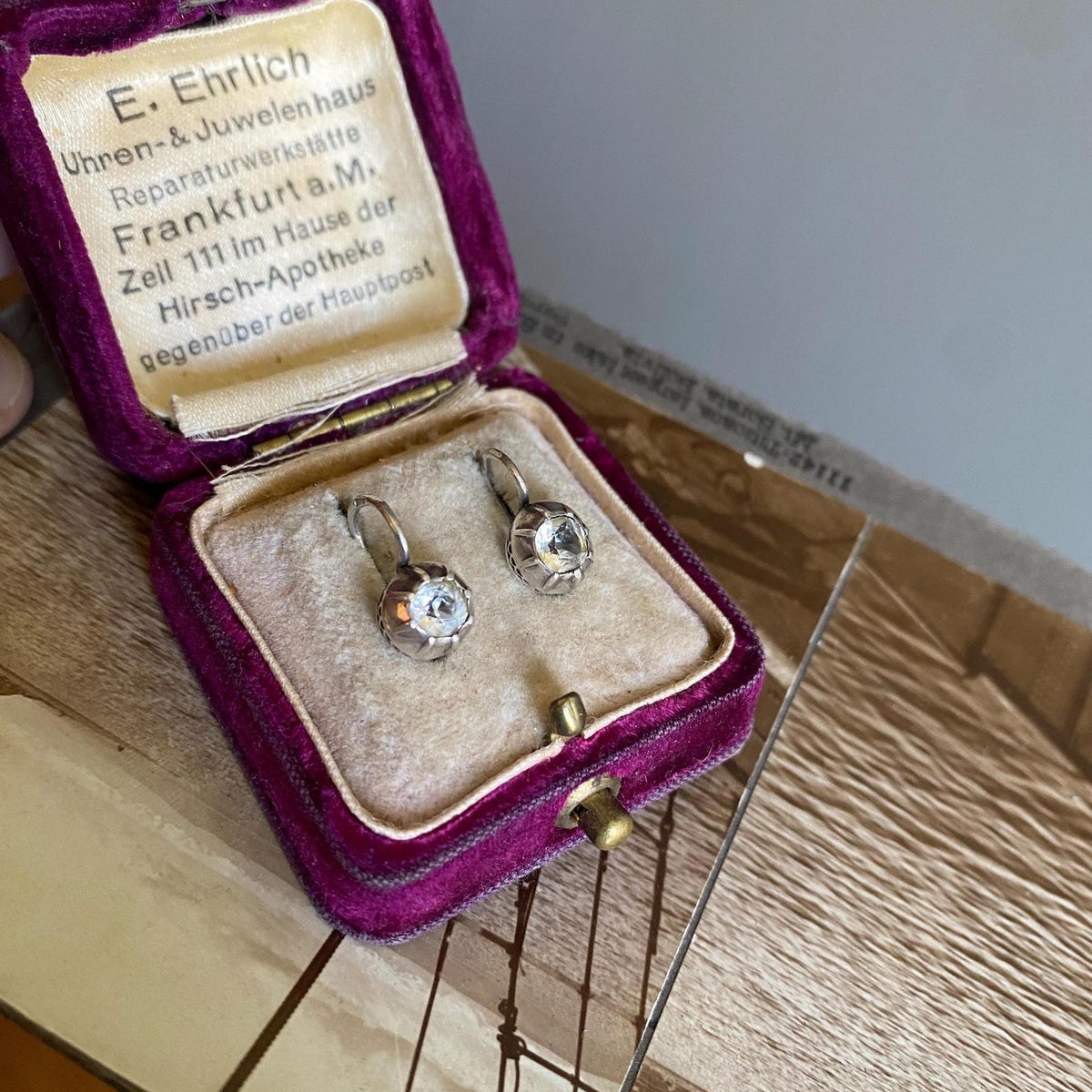 Antique Victorian Collet Set Diamond Paste Dormeuse Sleeper Hoop Earrings in Silver, Huggie, Huggy, Drop, Dangle, Front Close, 19th Century