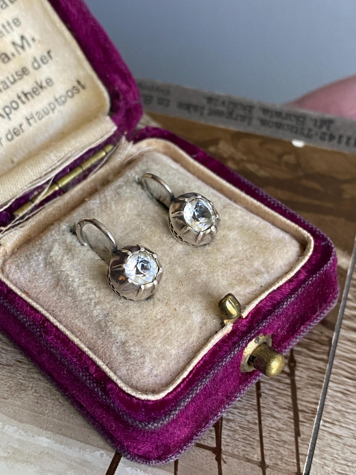 Antique Victorian Collet Set Diamond Paste Dormeuse Sleeper Hoop Earrings in Silver, Huggie, Huggy, Drop, Dangle, Front Close, 19th Century