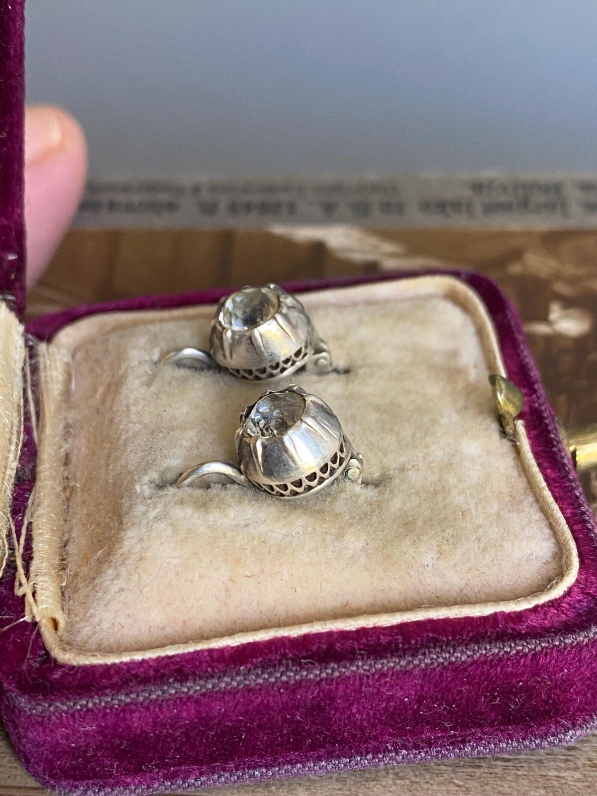Antique Victorian Collet Set Diamond Paste Dormeuse Sleeper Hoop Earrings in Silver, Huggie, Huggy, Drop, Dangle, Front Close, 19th Century
