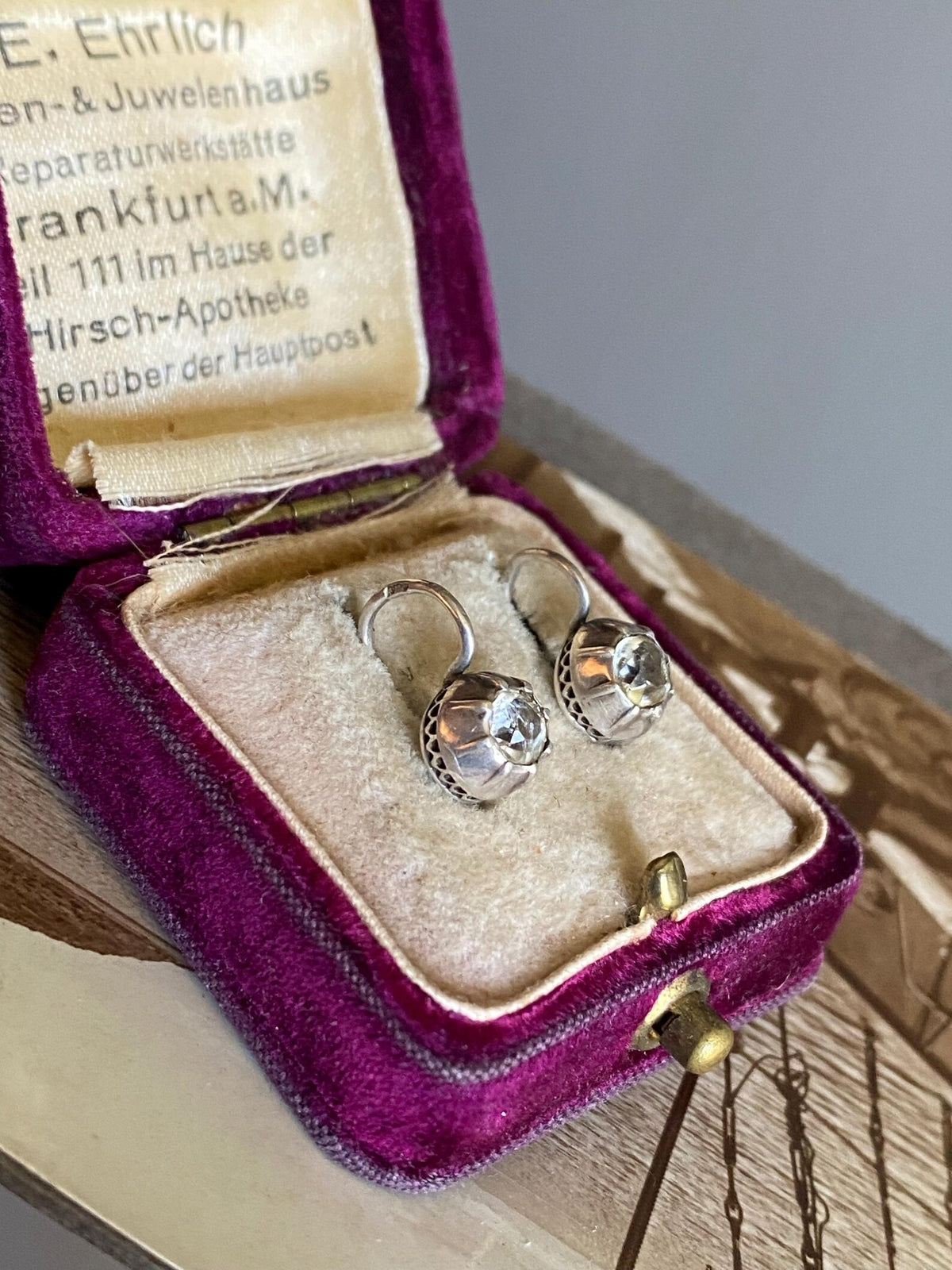 Antique Victorian Collet Set Diamond Paste Dormeuse Sleeper Hoop Earrings in Silver, Huggie, Huggy, Drop, Dangle, Front Close, 19th Century