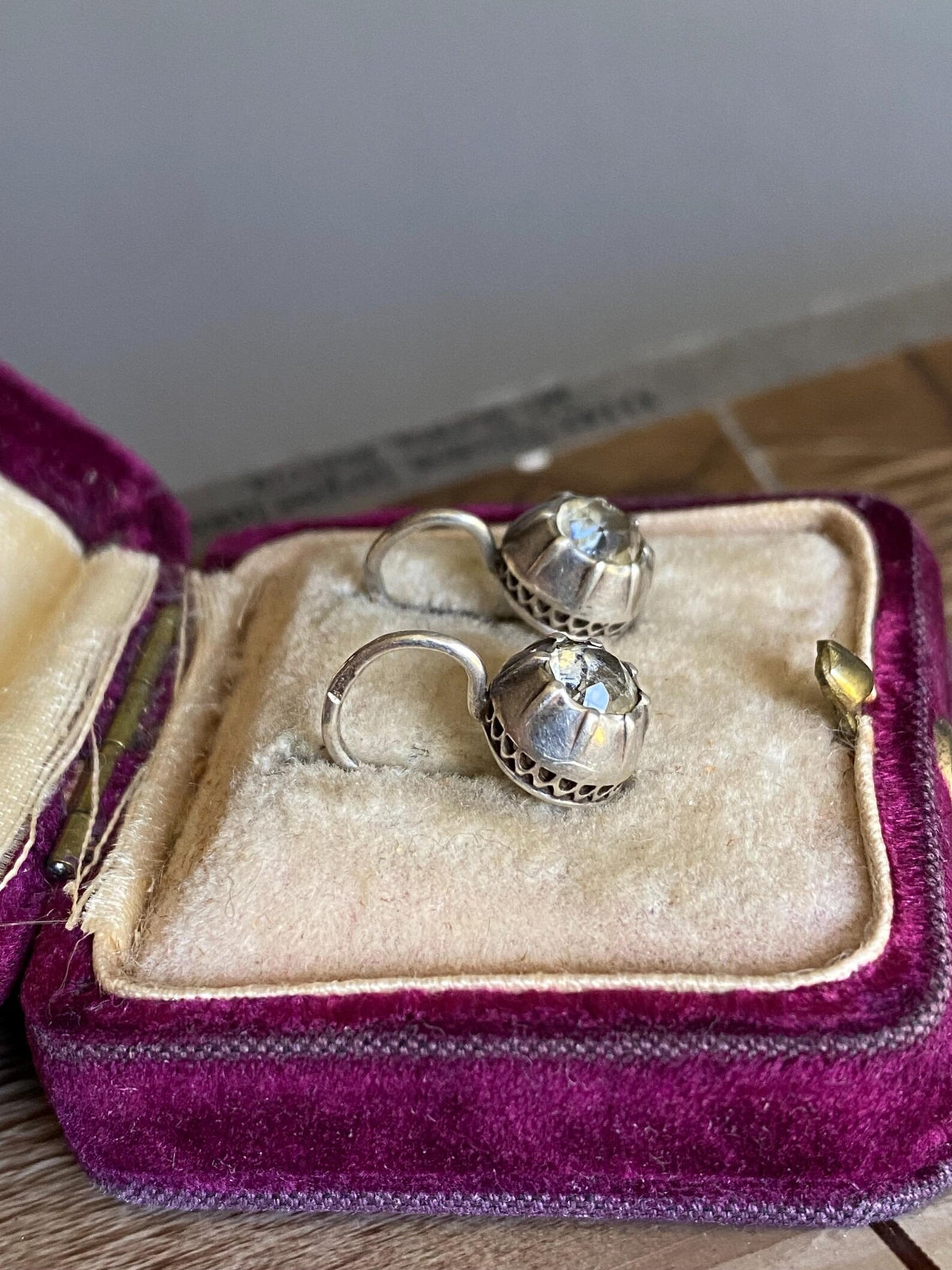 Antique Victorian Collet Set Diamond Paste Dormeuse Sleeper Hoop Earrings in Silver, Huggie, Huggy, Drop, Dangle, Front Close, 19th Century