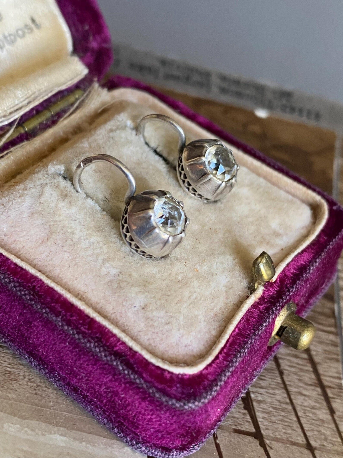 Antique Victorian Collet Set Diamond Paste Dormeuse Sleeper Hoop Earrings in Silver, Huggie, Huggy, Drop, Dangle, Front Close, 19th Century