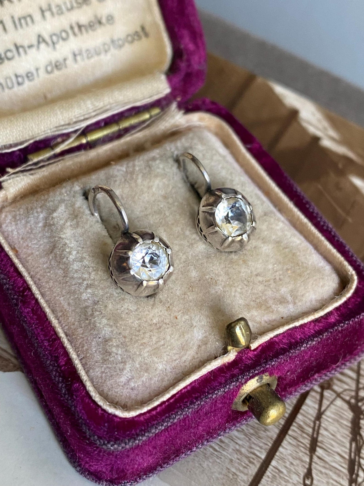 Antique Victorian Collet Set Diamond Paste Dormeuse Sleeper Hoop Earrings in Silver, Huggie, Huggy, Drop, Dangle, Front Close, 19th Century