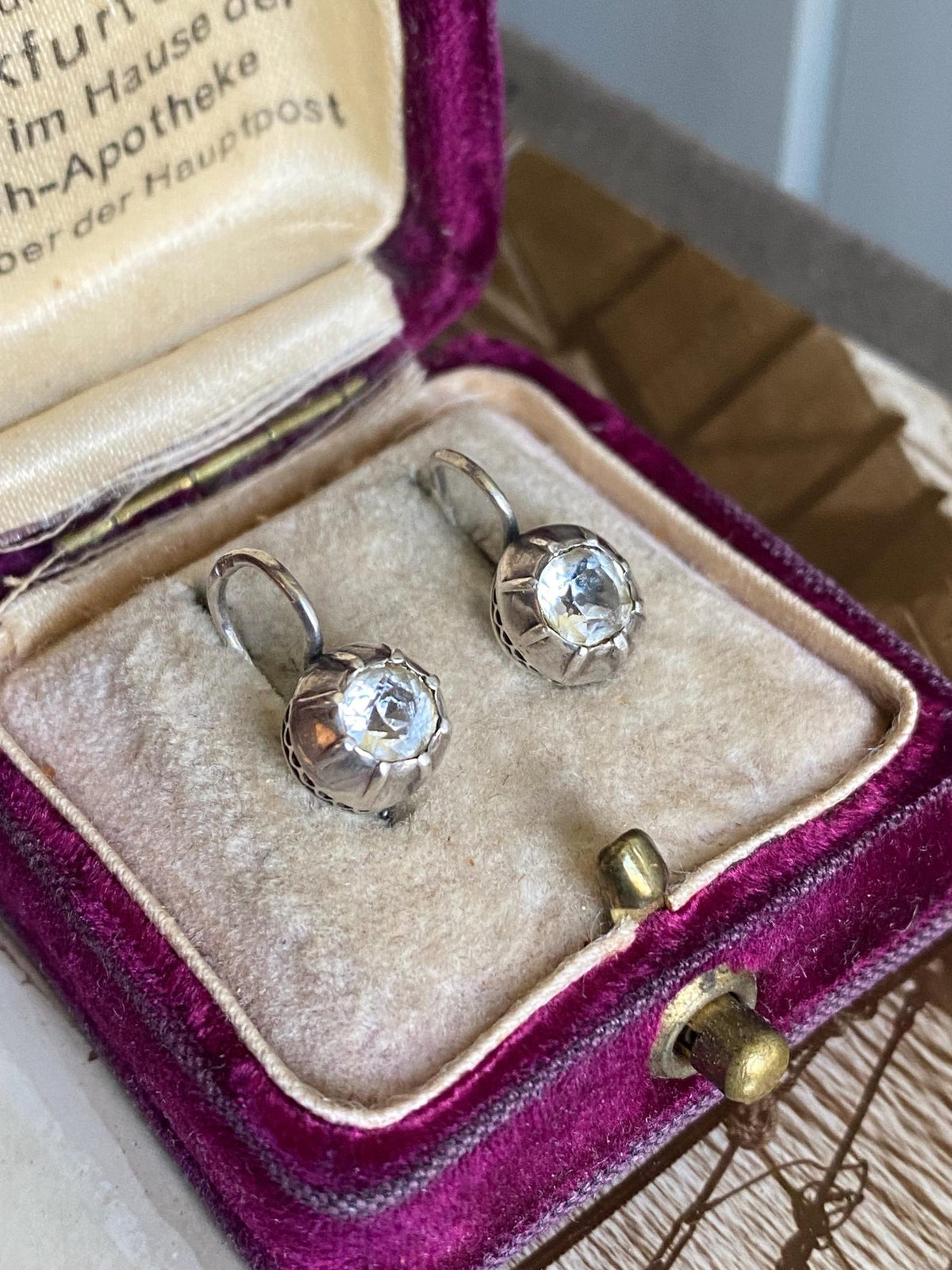 Antique Victorian Collet Set Diamond Paste Dormeuse Sleeper Hoop Earrings in Silver, Huggie, Huggy, Drop, Dangle, Front Close, 19th Century