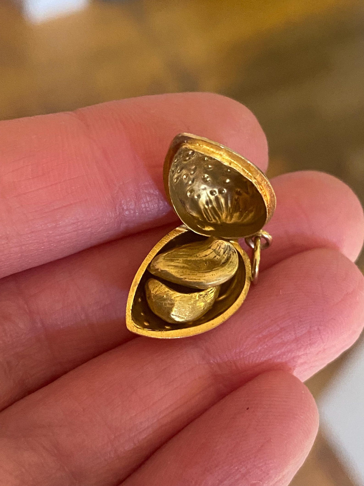 Antique Victorian French Hyper Realistic & Scarce Almond Locket Pendant with Duo of "Seeds" Within in 18k Gold, Nut, Charm, 19th Cen, 1800's