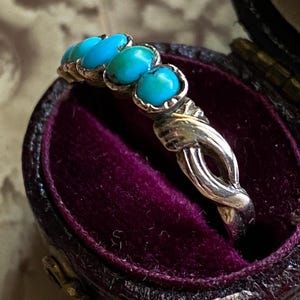 Antique Georgian Dainty and Slim Graduated 5 Stone Half Hoop Turquoise Ring w/ Swirling Open Shoulders in 9k Gold, 1800s, Stacking, Eternity
