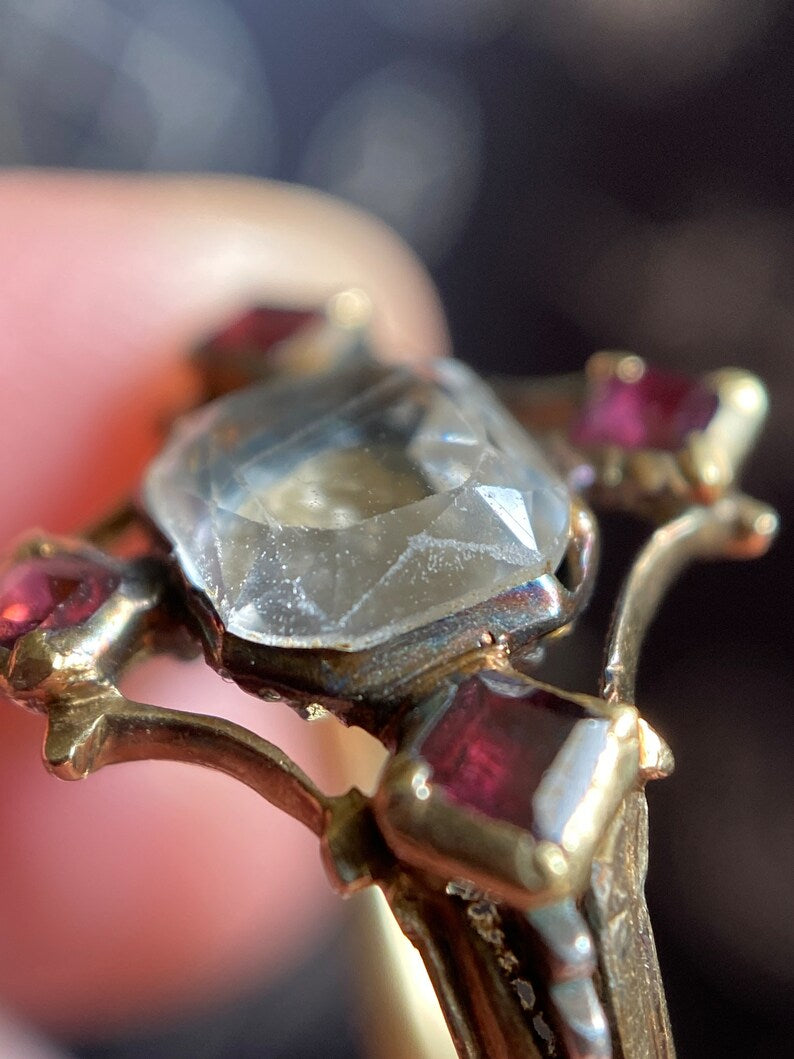 Antique Georgian Sentimental Stuart Crystal Ring with Hair and Garnets of Cruciform c. 1730-1740, Mourning, Amatory, Rococo, 1700's, Basket Set, Rock Crystal