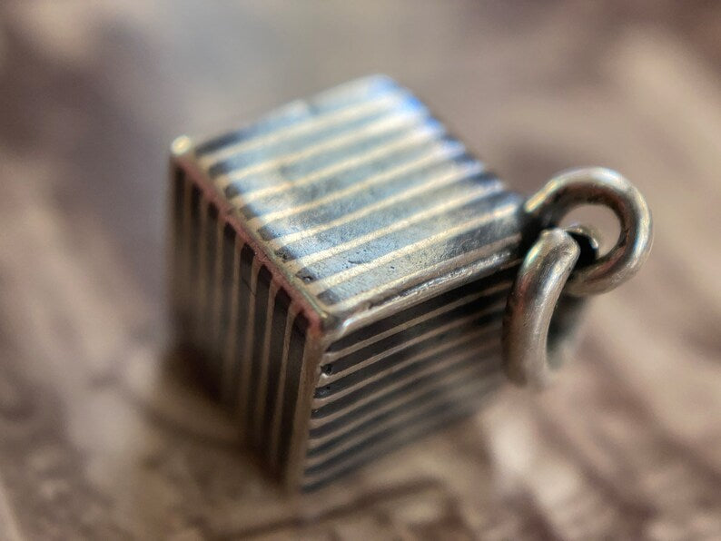 Antique Victorian Silver Niello Striped Cube Fob Charm c. 1900, Edwardian, Pendant, Square, Geometric, Three Dimensional, Black Enamel