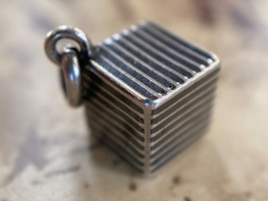 Antique Victorian Silver Niello Striped Cube Fob Charm c. 1900, Edwardian, Pendant, Square, Geometric, Three Dimensional, Black Enamel