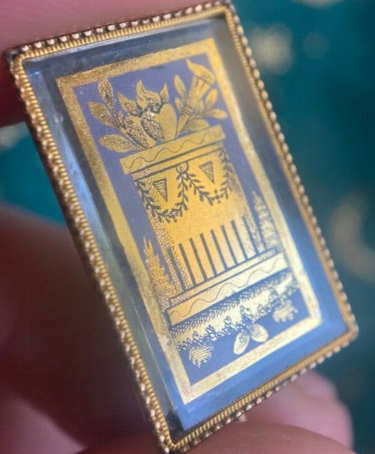 Antique Georgian French Sentimental Verre Englomise Flaming Hearts Atop Plinth Brooch in 14k Gold c. 1800, Mourning, Amatory, Pin, 1800's