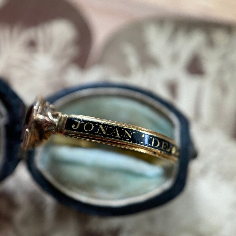 Antique Georgian Large Foiled Flat-Cut Garnet Black Enamel Rococo Mourning Ring in 18k Gold c. 1760, 1700's, Basket-Set, Memorial