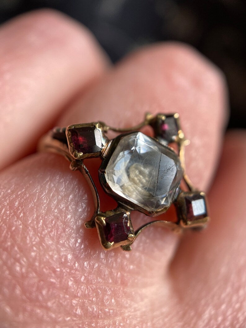 Antique Georgian Sentimental Stuart Crystal Ring with Hair and Garnets of Cruciform c. 1730-1740, Mourning, Amatory, Rococo, 1700's, Basket Set, Rock Crystal