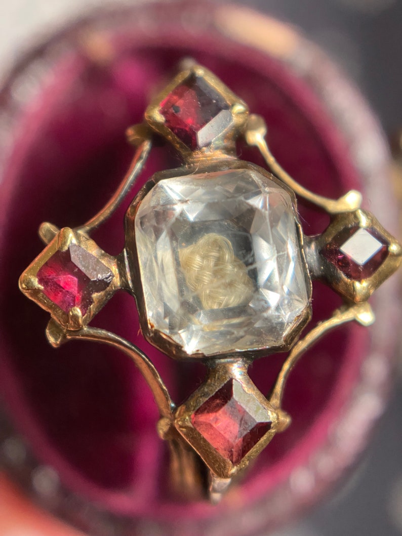 Antique Georgian Sentimental Stuart Crystal Ring with Hair and Garnets of Cruciform c. 1730-1740, Mourning, Amatory, Rococo, 1700's, Basket Set, Rock Crystal